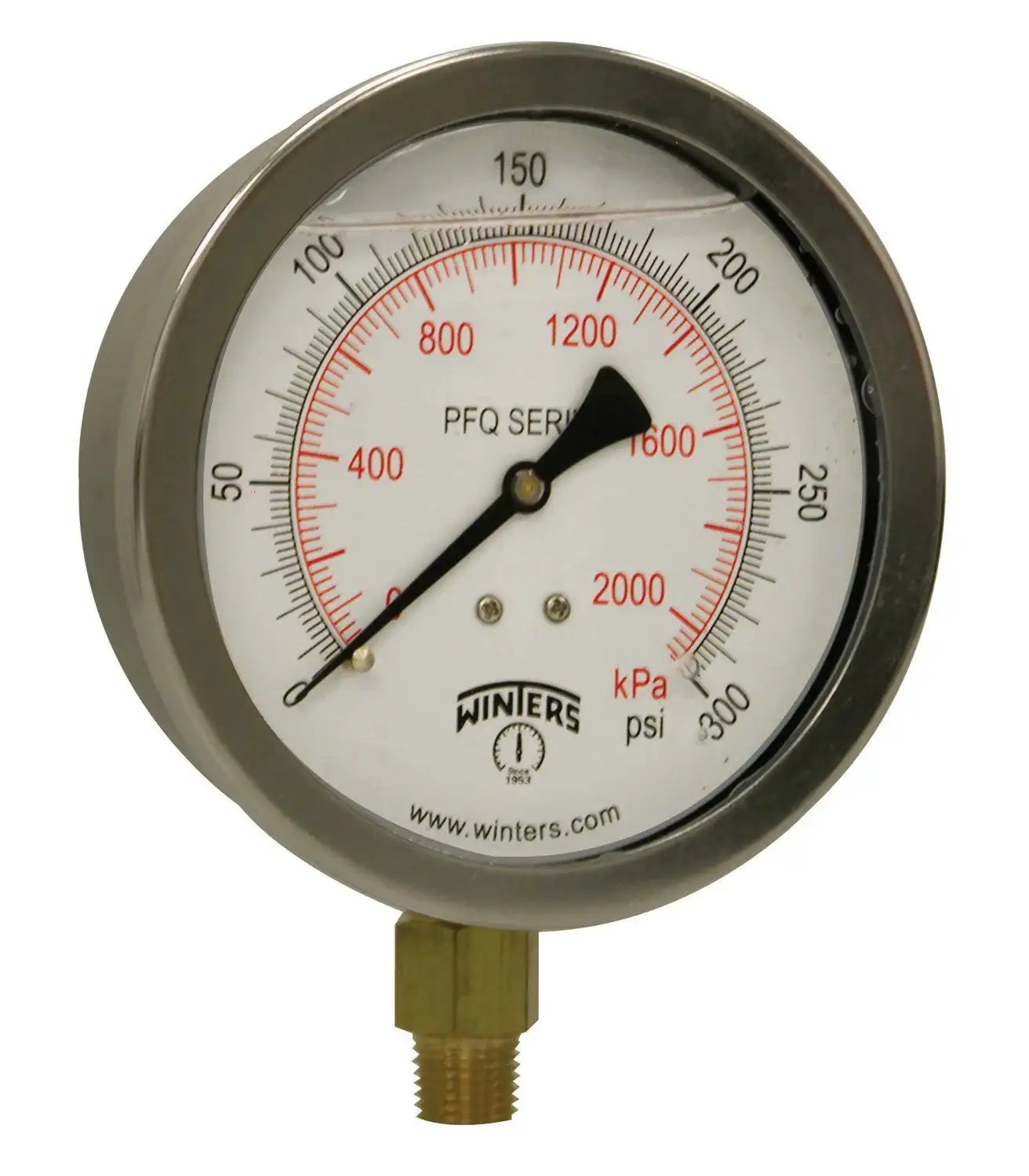 Four Inch Dial Liquid Filled Industrial Pressure Gauge With Brass Internals And A 304 Stainless Steel Case For Non Corrosive Liquids