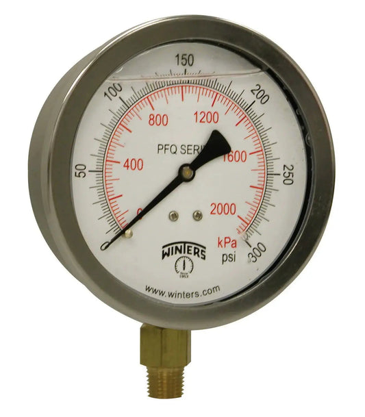 Four Inch Dial Liquid Filled Industrial Pressure Gauge With Brass Internals And A 304 Stainless Steel Case For Non Corrosive Liquids