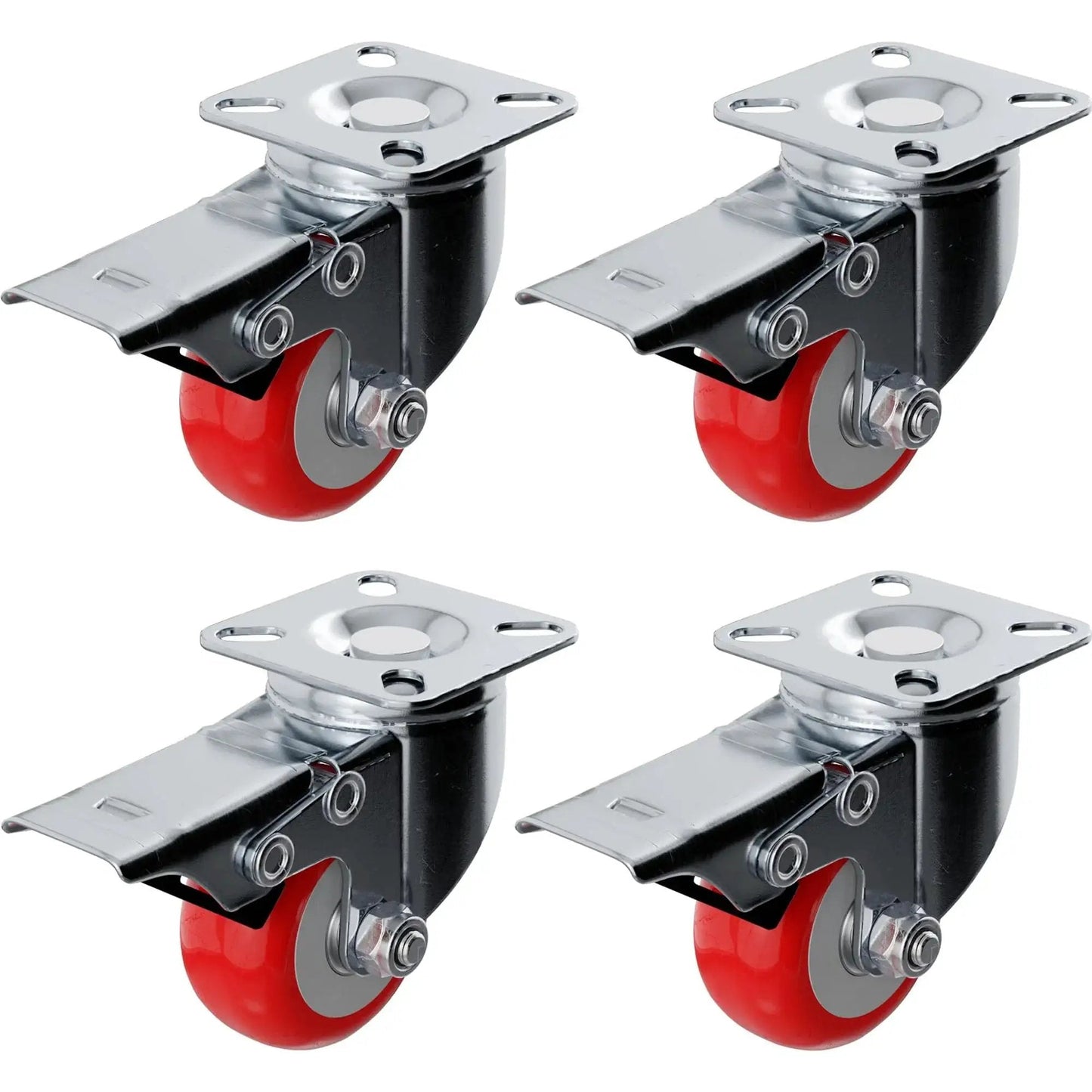 Red Polyurethane 2 Inch Swivel Caster Wheels With Plate For Carts And Equipment 4 Pack Locking Casters With Brakes shown in grid