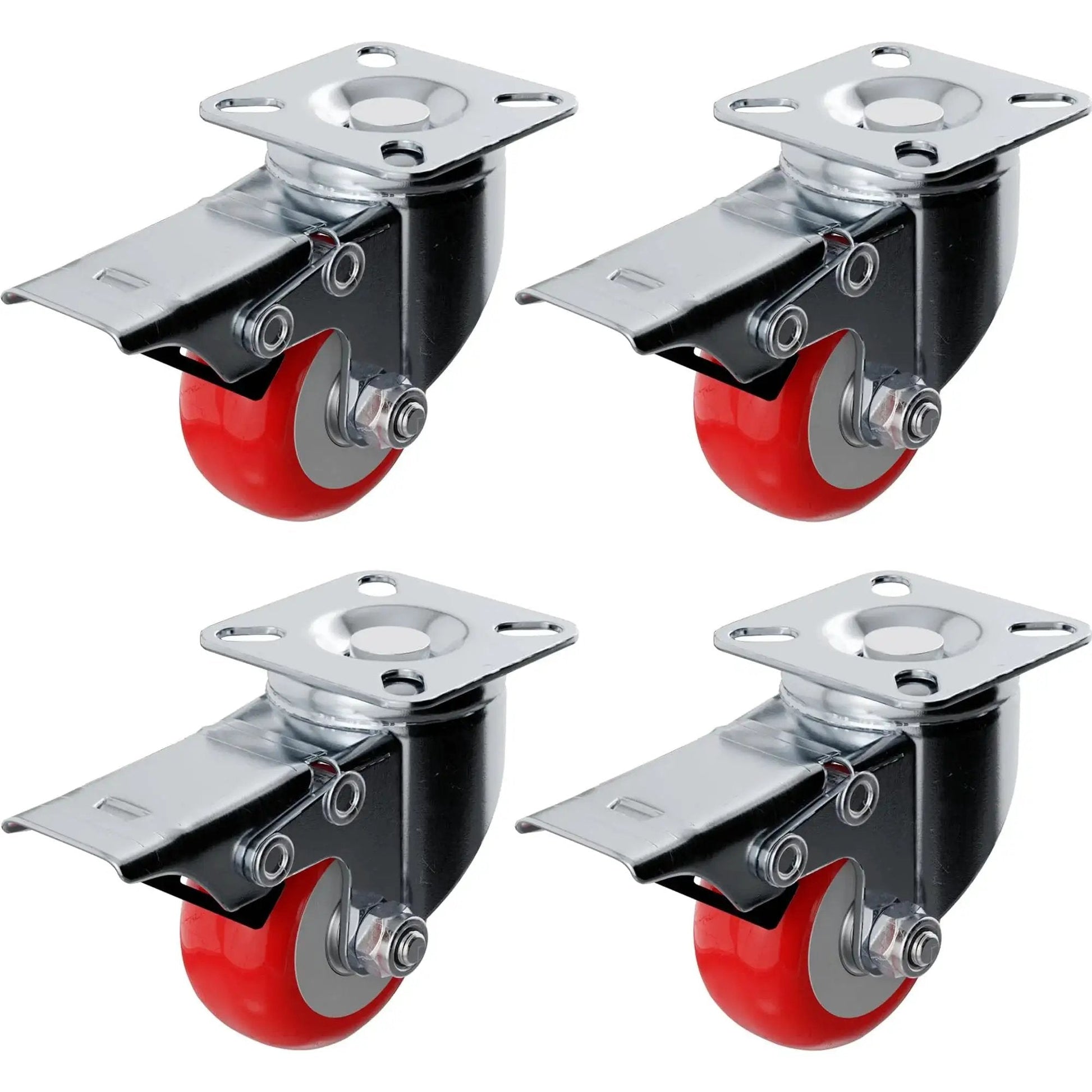 Red Polyurethane 2 Inch Swivel Caster Wheels With Plate For Carts And Equipment 4 Pack Locking Casters With Brakes shown in grid