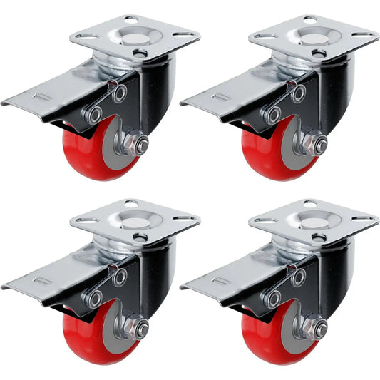 Red Polyurethane 2 Inch Swivel Caster Wheels With Plate For Carts And Equipment 4 Pack Locking Casters With Brakes shown in grid