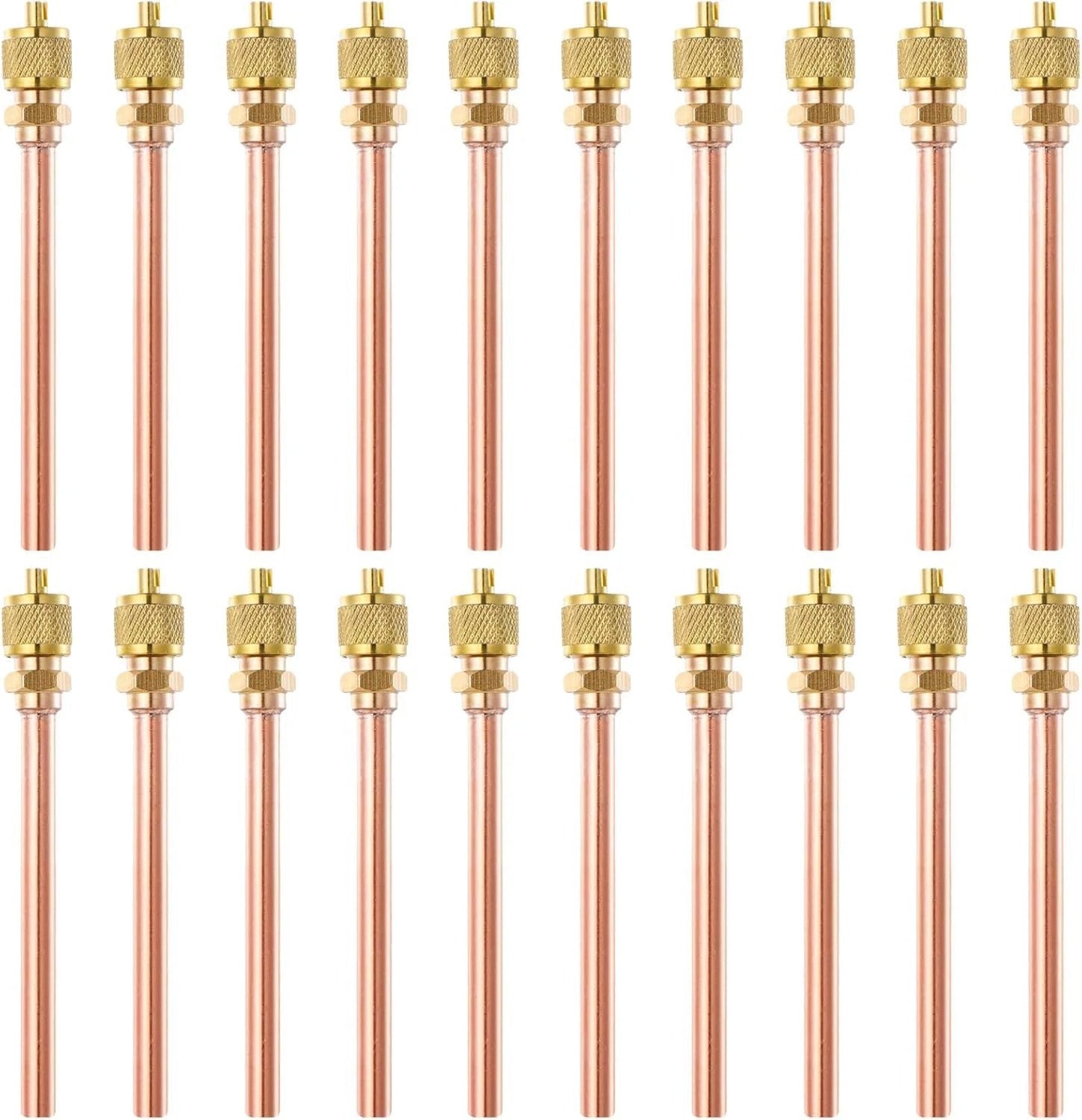 20 Piece Pro Grade Service Access Valve Kit for Refrigeration and HVAC Systems One Quarter Inch SAE to One Quarter Inch OD Two Point Five Inch Stem Brass Copper Core Valves Set for R22 R410A R134A Charging Vacuum Pressure Check and Testing