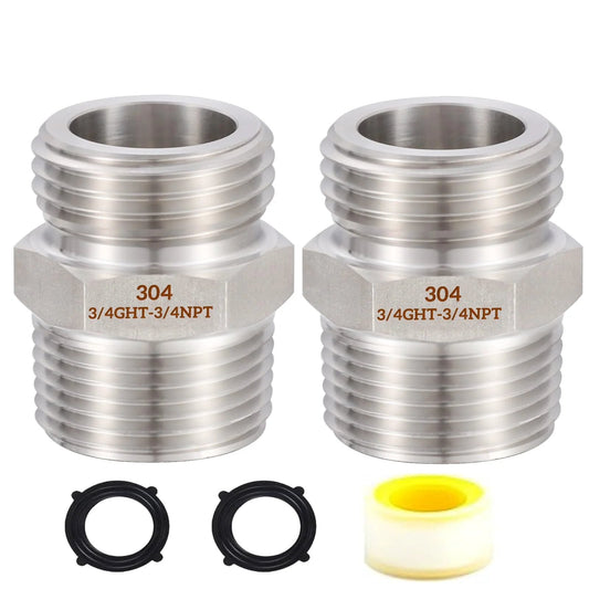 Two Three Quarter Inch GHT Male To Three Quarter Inch NPT Male Connector With One Half Inch NPT Female 304 Stainless Steel Garden Hose Fitting Adapter For Hose To Pipe Heavy Duty 2 Pack with accessories