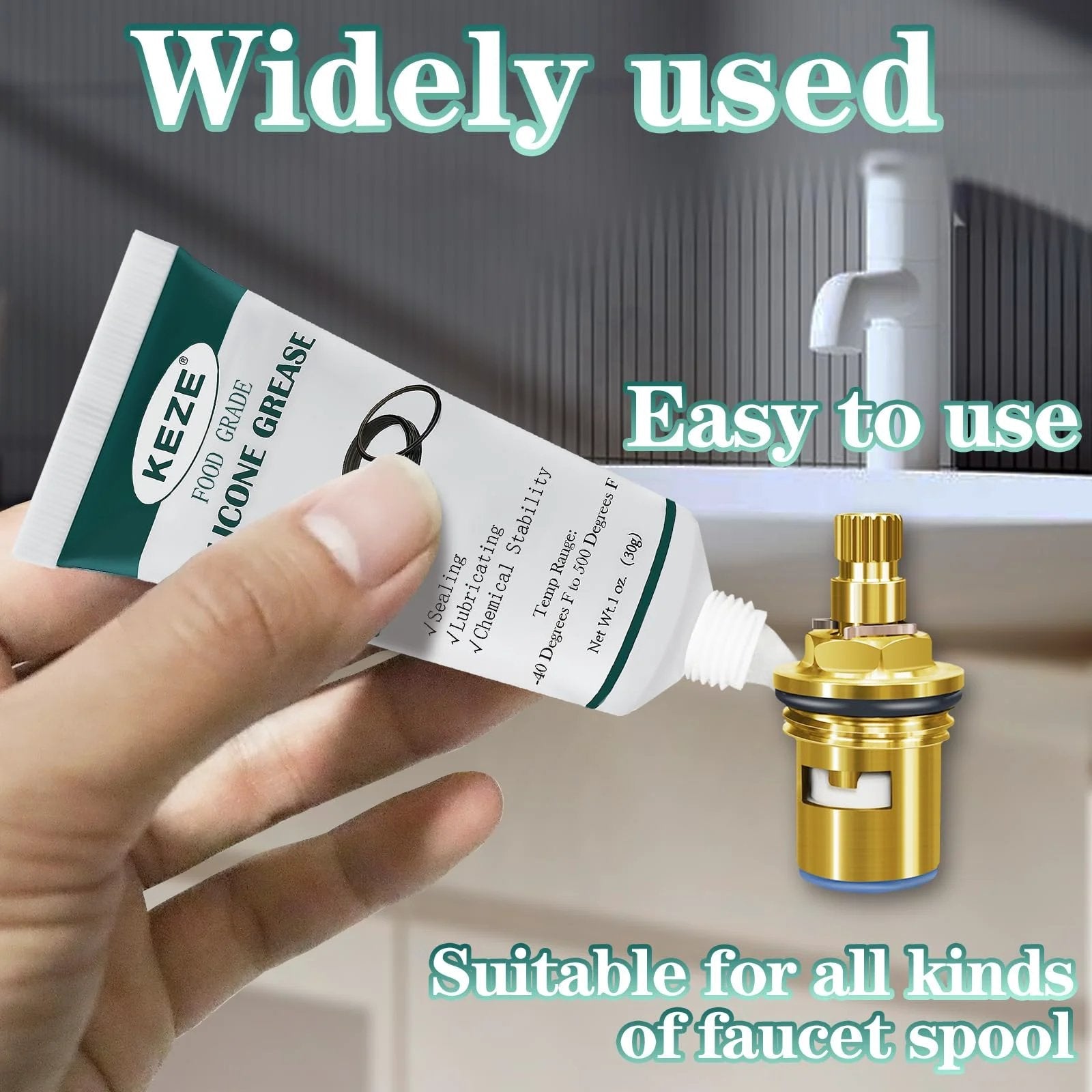 Hand holding KEZE Food Grade Silicone Grease for Faucets and Valves Waterproof Sealant Lubricant 1 Oz 3 Pack NSF Approved