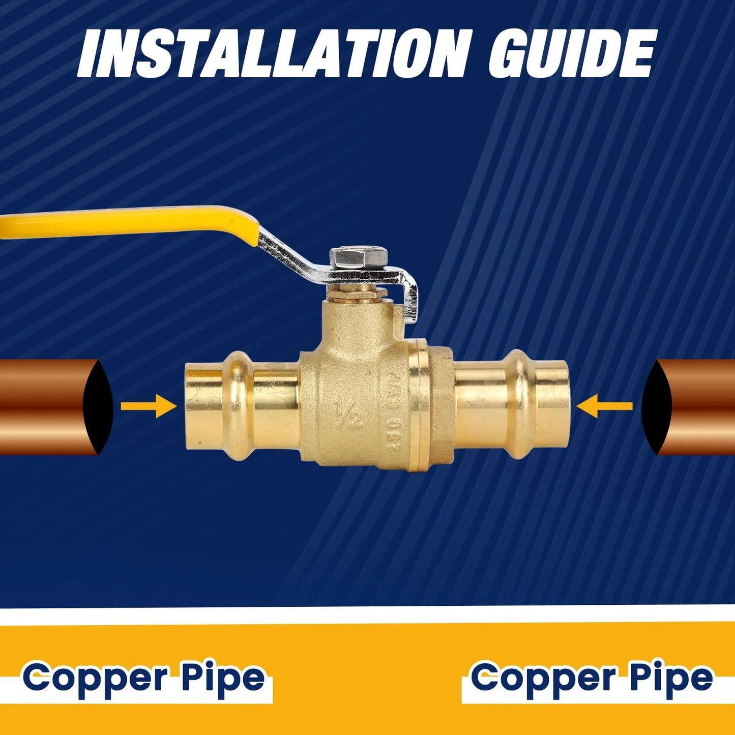 Three Quarter Inch ProPress Ball Valve Kit With EPDM O Ring For Copper Tubing Ten Pack Heavy Duty One Quarter Turn Full Port Shut Off Valves Low Break Torque 250 PSI Rated Press Connections ABBIEMO installation guide showing valve between copper pipes