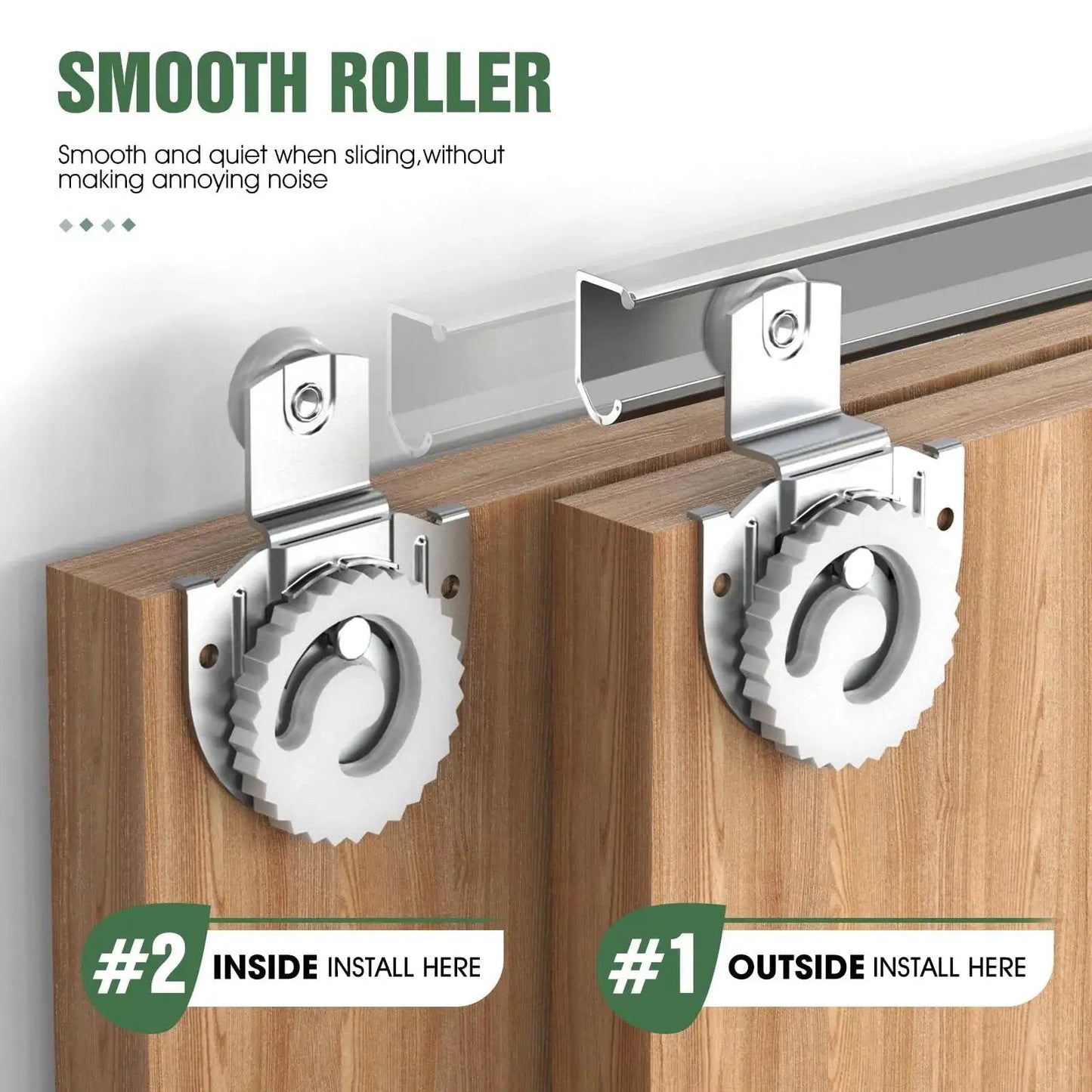 Sliding Closet Door Roller Set For Wardrobes Replacement Rollers Hardware Kit In Silver Eight Piece Pack installed on wooden door