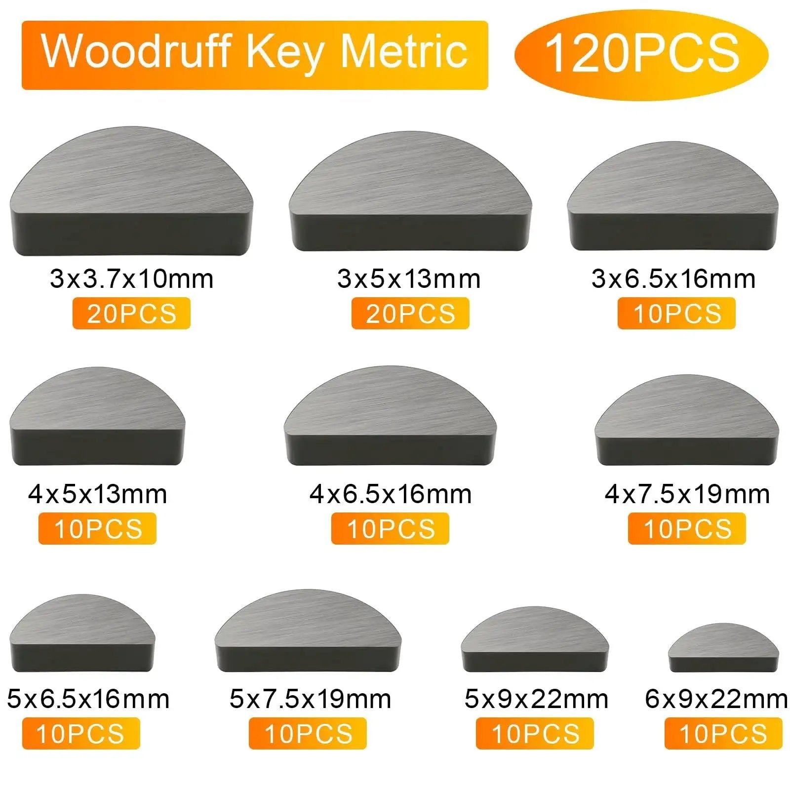 Woodruff Key Assortment Kit, 120 Pieces, 10 Popular Half Moon Key Sizes, carbon steel with anti-rust coating displayed in sizes.
