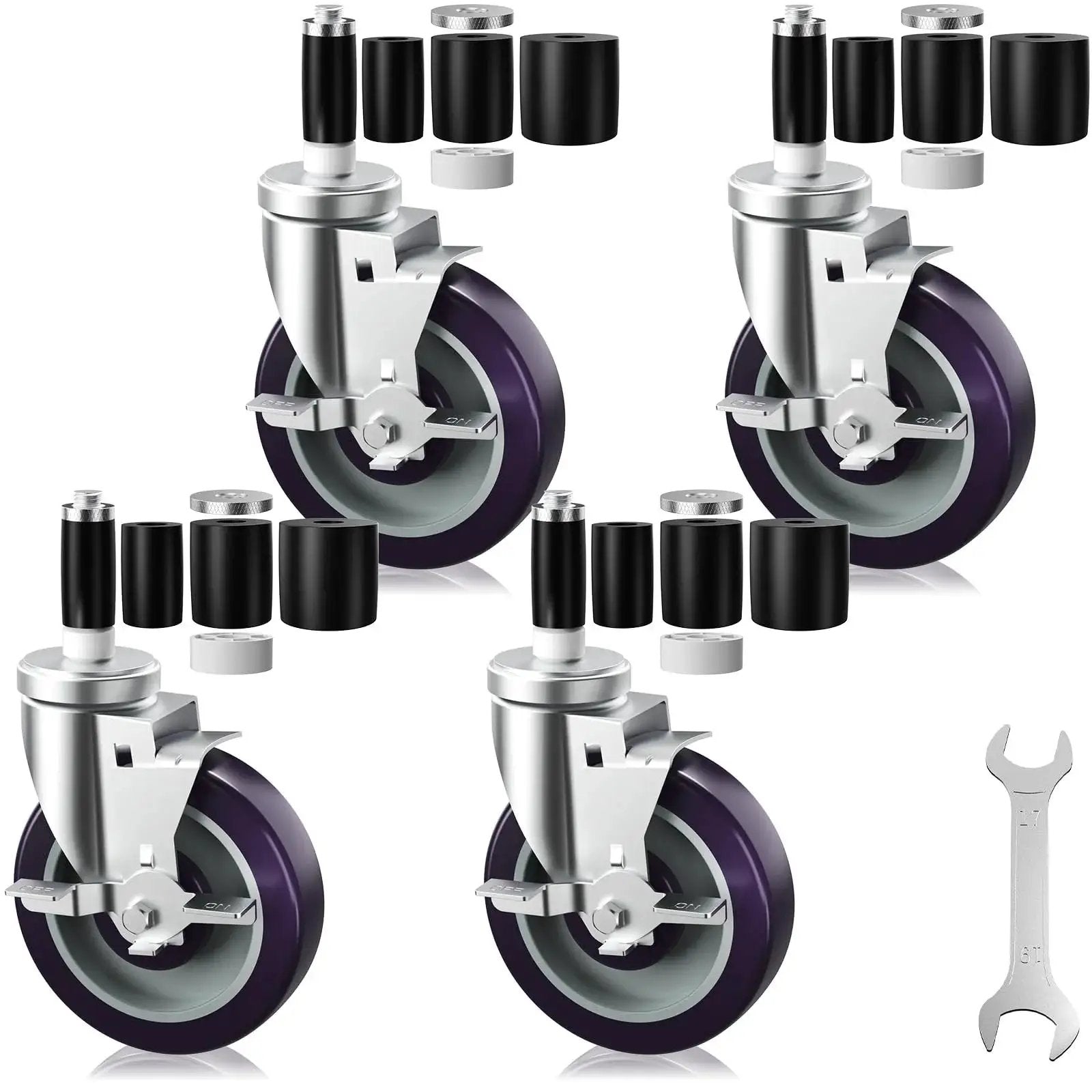 5 Inch Expanding Stem Caster Set Of 4 With Brakes For Table Legs, stainless steel with rubber sleeves and adjustable height