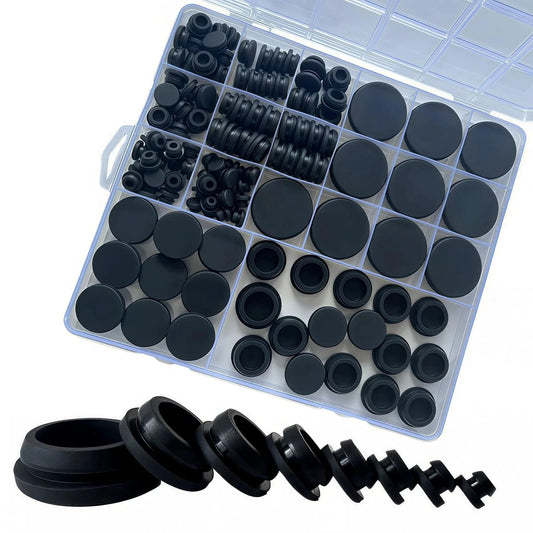 125 Pieces Black Rubber Round Hole Plugs Set In Eight Sizes Silicone Plugs For Round Holes For Furniture Office Kitchen Automotive One Inch Three Quarter Inch Five Eighths Inch One Half Inch Three Eighths Inch Five Sixteenths Inch One Quarter Inch One displayed in a compartmentalized box.