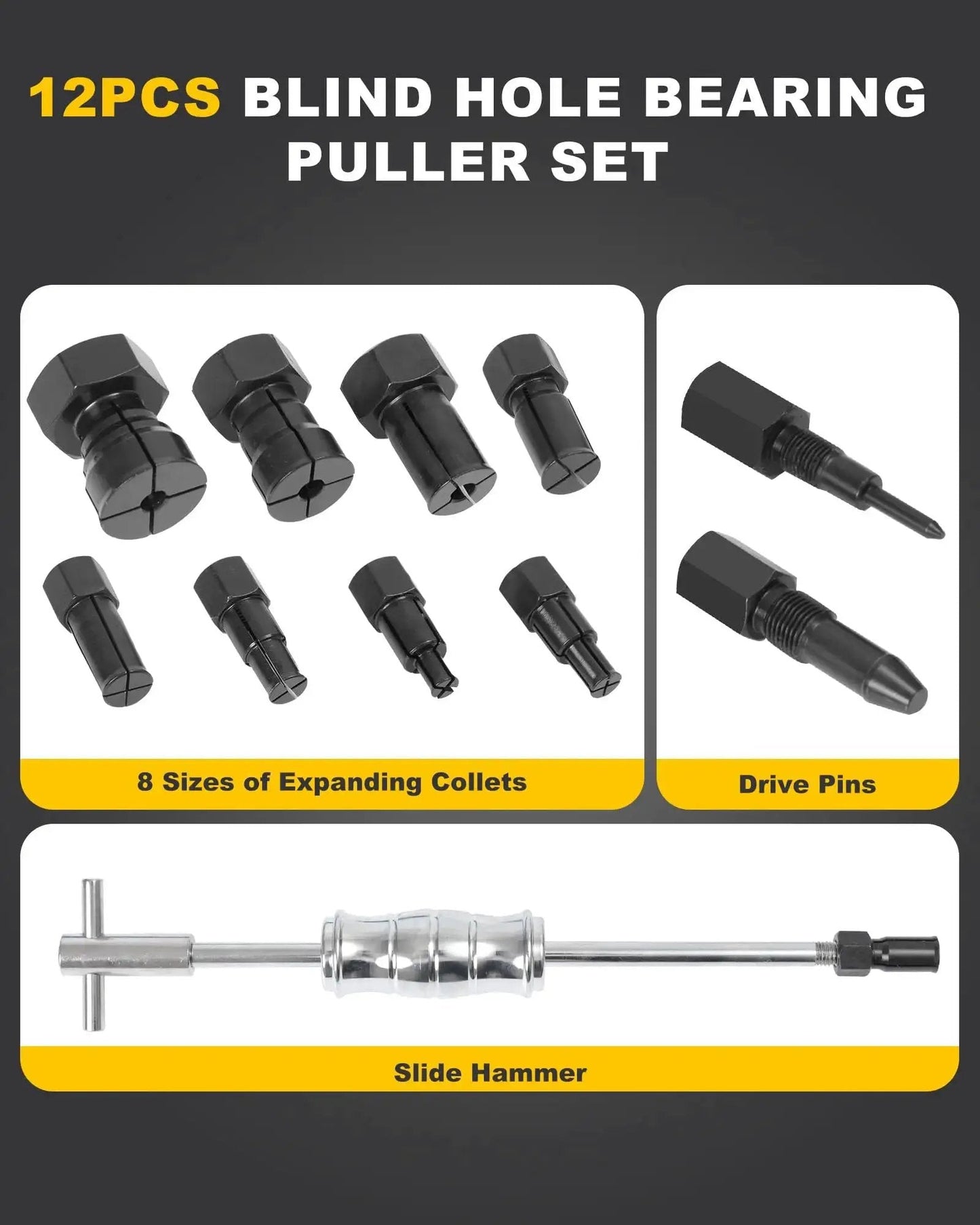 Blind Hole Bearing Puller Set for Bicycles and Motor Vehicles, 12-piece with slide hammer, 8 expandable collets, drive pins shown