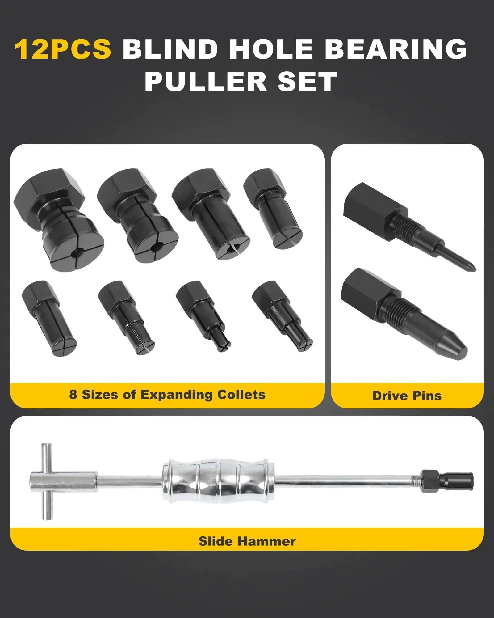 Blind Hole Bearing Puller Set for Bicycles and Motor Vehicles, 12-piece with slide hammer, 8 expandable collets, drive pins shown