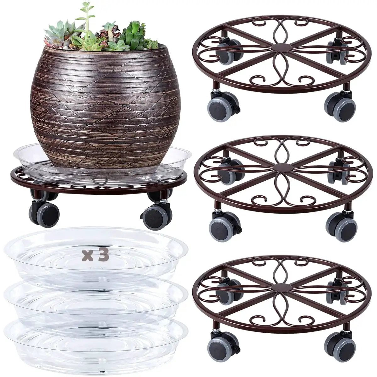 Three Pack Heavy Duty Metal Plant Caddies With Wheels 13.5 Inch Rolling Plant Stand Dollies, rustproof iron, bronze finish, set of 3
