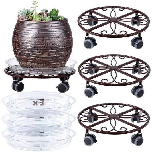 Three Pack Heavy Duty Metal Plant Caddies With Wheels 13.5 Inch Rolling Plant Stand Dollies, rustproof iron, bronze finish, set of 3