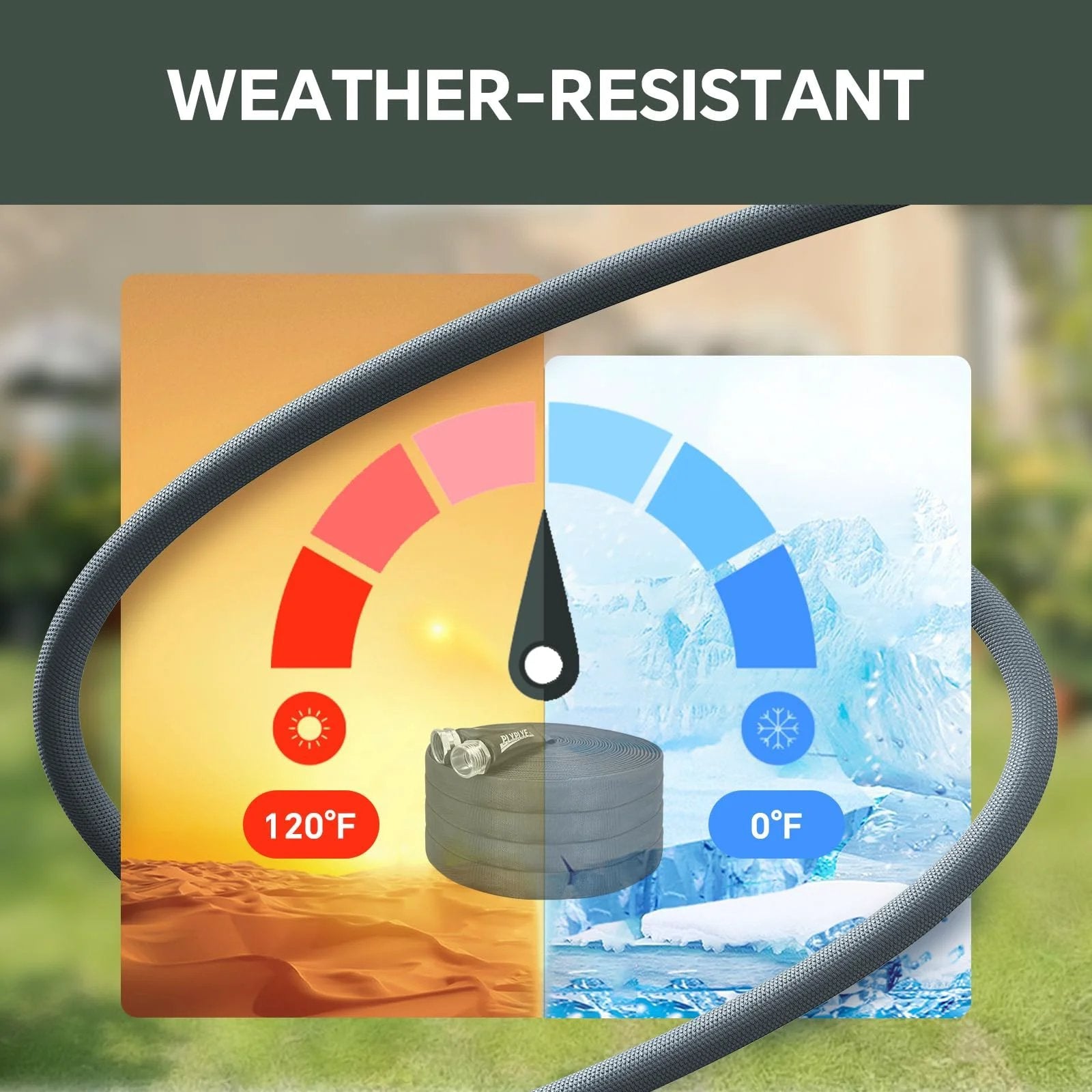 Ultra Lightweight 75ft Non Expanding Garden Hose With Kink Free High Pressure Performance Abrasion Resistant Build displayed in weather resistance test showing 120°F to 0°F adaptability.