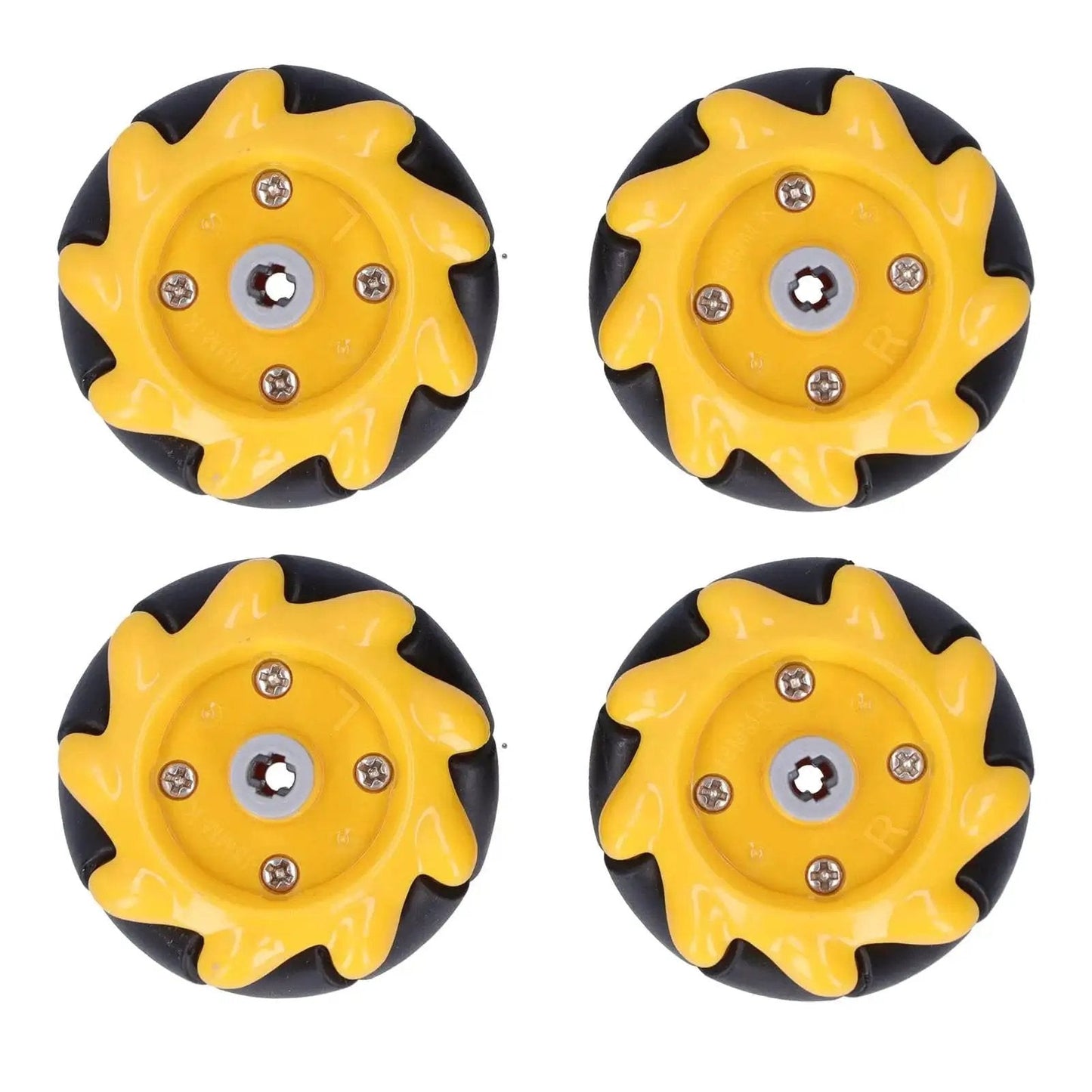 Four yellow Mecanum wheels, part of Omni Directional Wheels 48mm set for DIY Smart Robot Car, compatible with TT motors and building blocks.