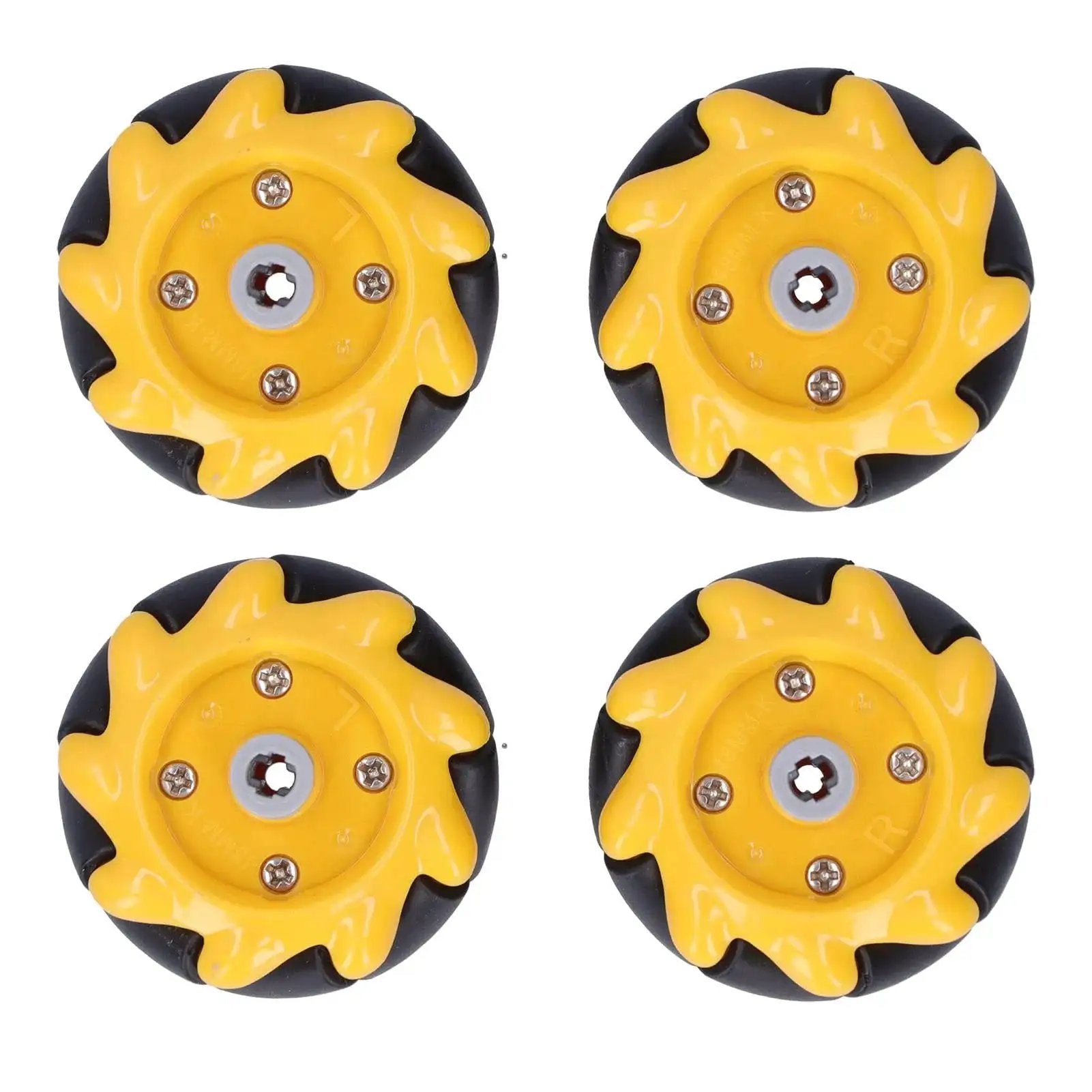 Four yellow Mecanum wheels, part of Omni Directional Wheels 48mm set for DIY Smart Robot Car, compatible with TT motors and building blocks.
