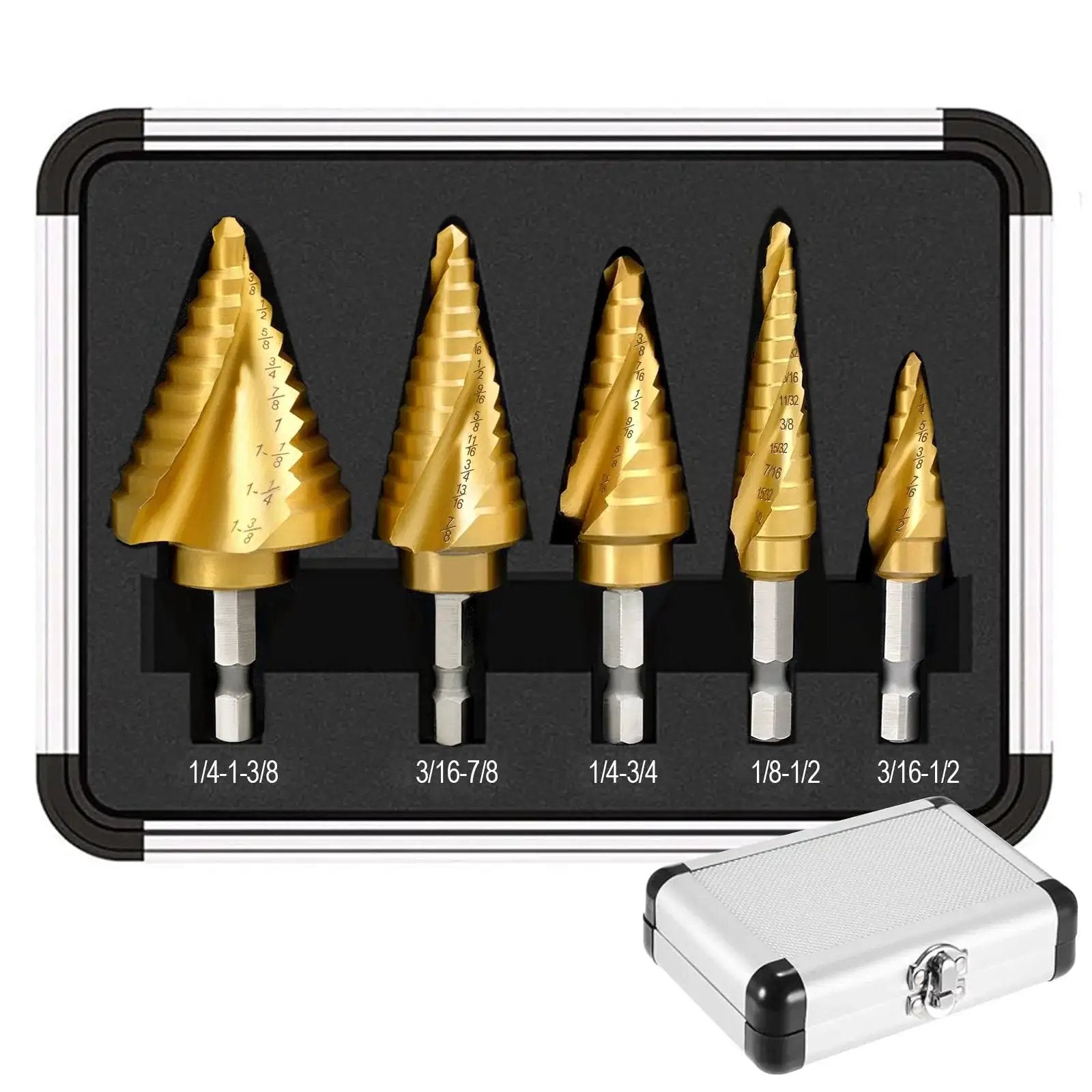 Five Piece Titanium Step Drill Bit Set With Fifty Sizes From Three Sixteenth Inch To One And Three Eighths Inch For Metal Aluminum Wood And Plastic HSS Step Bit With Titanium Coating And Two Spiral Grooved For Electricians And DIY Projects in black case