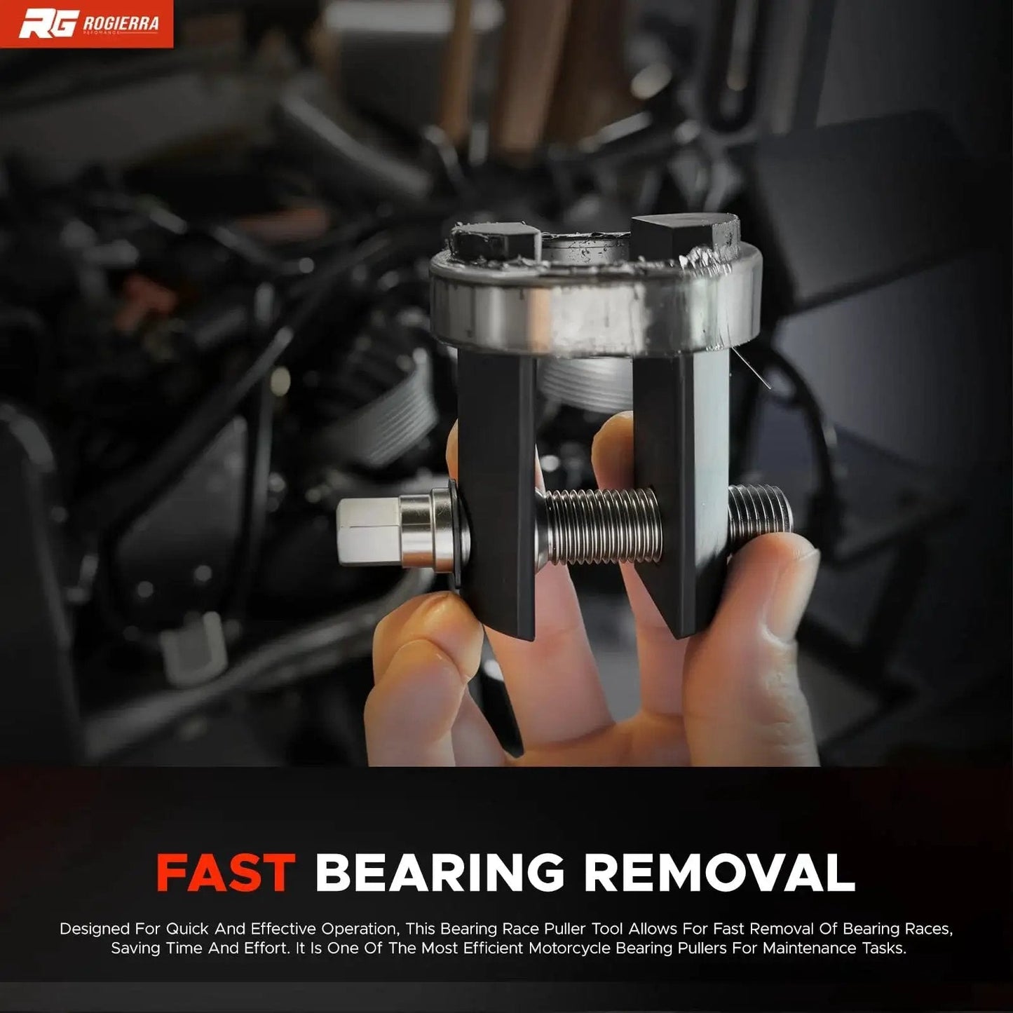 Universal Motorcycle Steering Stem Bearing Race Removal Tool held in hand, close-up view showing design for 1-1/8 to 2-5/8 inch ID races.
