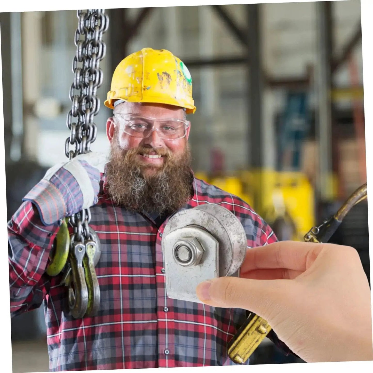 Worker holding industrial cast iron wheel V groove pulley with steel bearing for garage door replacement roller by OUNONA.