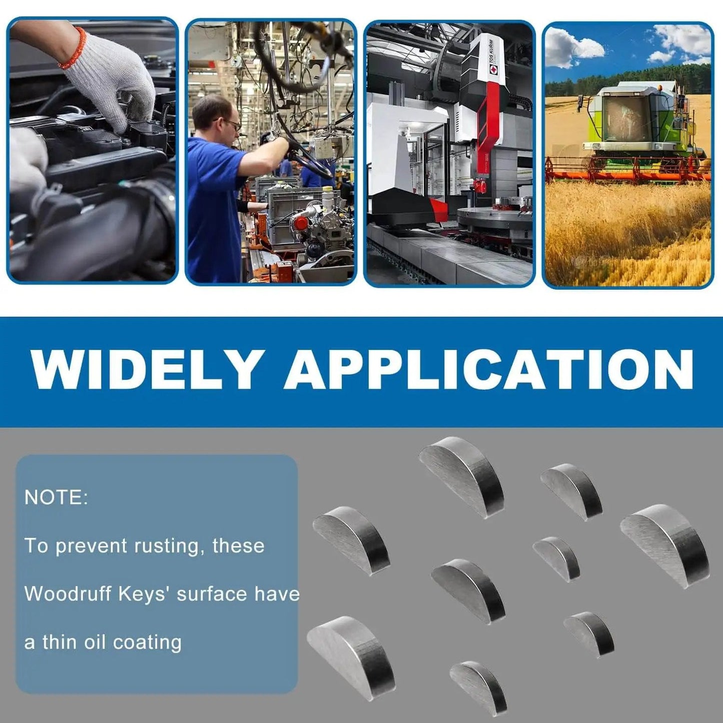 80 Piece Woodruff Key Set Metric Carbon Steel Semicircle Half Moon Keys For Keyways And Flywheels Includes 8 Sizes With 10 Pieces Each Built For Auto And Industrial Gearheads shown with various industrial applications and a note on rust prevention coating
