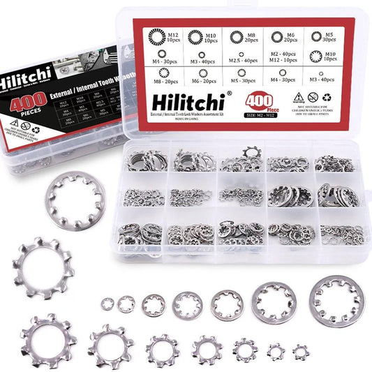 400 Piece 304 Stainless Steel External And Internal Tooth Star Lock Washer Set Built Tough For DIY Projects Includes M2 M2.5 M3 M4 M5 M6 M8 M10 M12 Sizes For Humid Environments