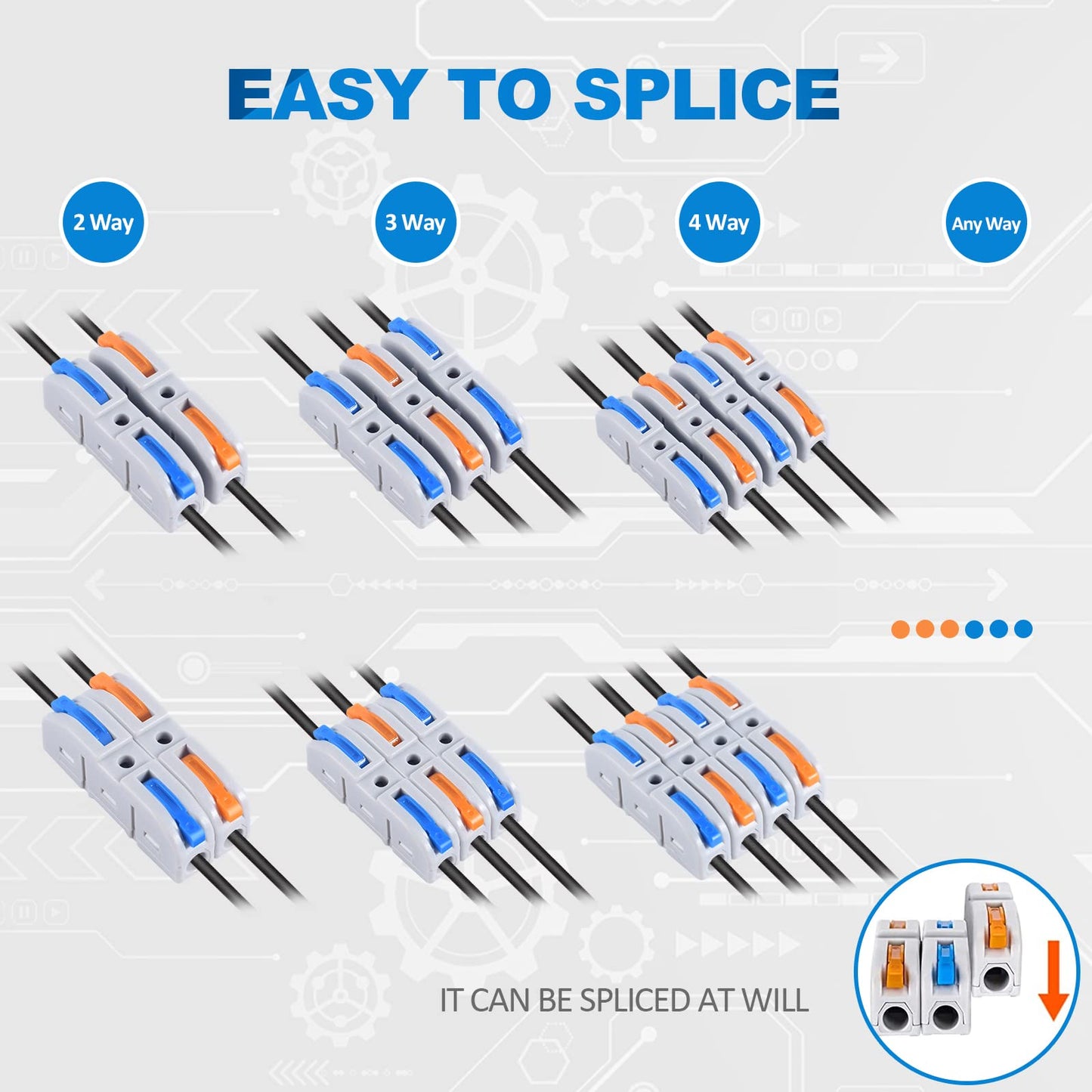 Lever Wire Connectors Quick Connect Splicing Kit For Compact Inline Terminals 28-12 AWG 1 In 1 Out Multicolored 60-Piece Set Built For DIY Electronics Projects And Safe Reliable Connections displayed in various configurations