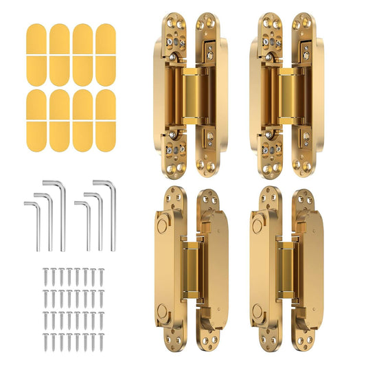 4 Pack 6 Inch Invisible Door Hinges For Concealed Doors Zinc Alloy 180 Degree Swing Adjustable 3 Way Butt Silent Door Hinge Gold Finish Perfect For Hidden Entrances And Slick Modern Interior Doors
