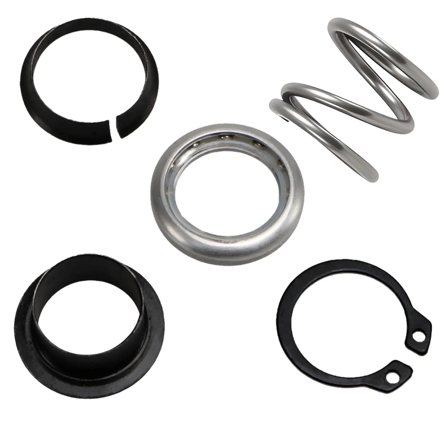 Components of Steering Column Upper Bearing Kit For Ford Lincoln Tilting And Non Tilt Columns including rings and a spring.