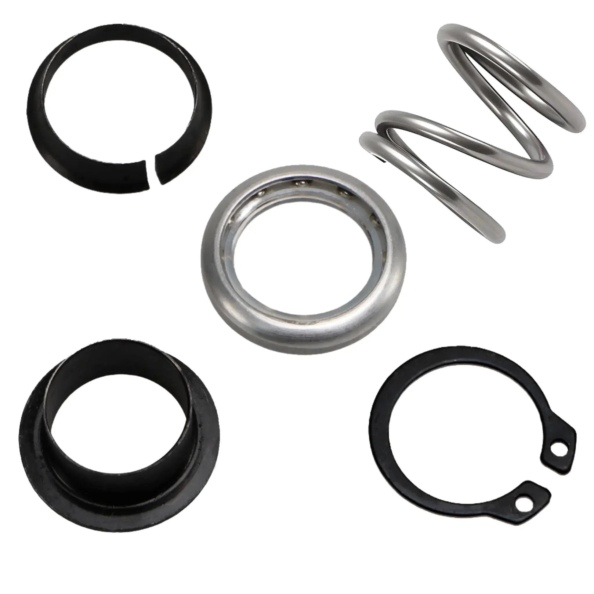 Components of Steering Column Upper Bearing Kit For Ford Lincoln Tilting And Non Tilt Columns including rings and a spring.