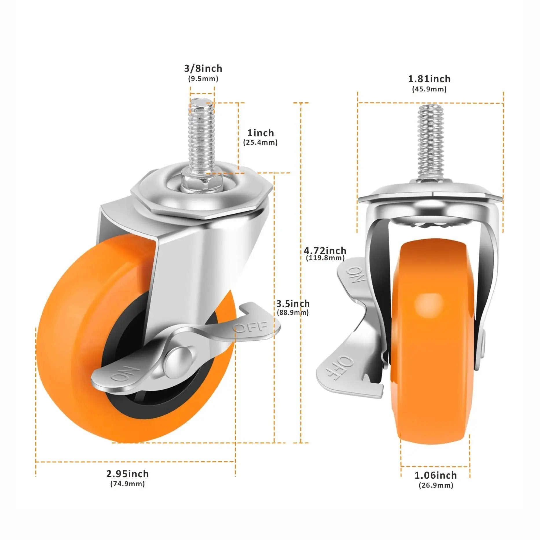 Beefy Heavy Duty 3 Inch Caster Wheels Set Of Four With Locking Swivel Casters And Brakes, Threaded Stem Three Eighths Inch By One Inch