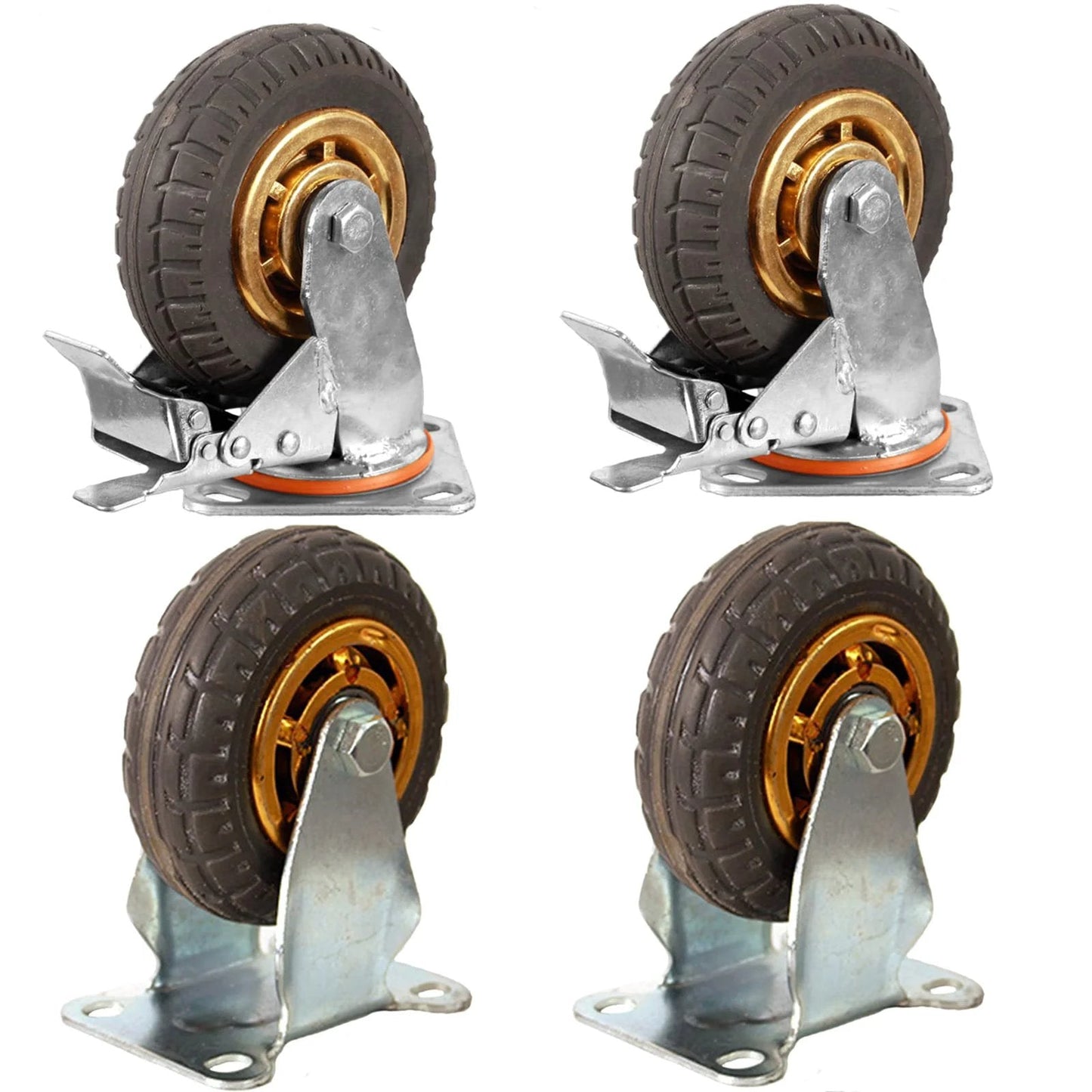 5 Inch Heavy Duty Caster Wheels Set Of 4 With Rubber Casters And Brakes, 2 Fixed And 2 Swivel With 360 Degree Double Ball Bearing Castors, Quiet Anti Skid Design, Load Capacity 300 Lbs, Ideal For Concrete Floors, Wood Floors And More
