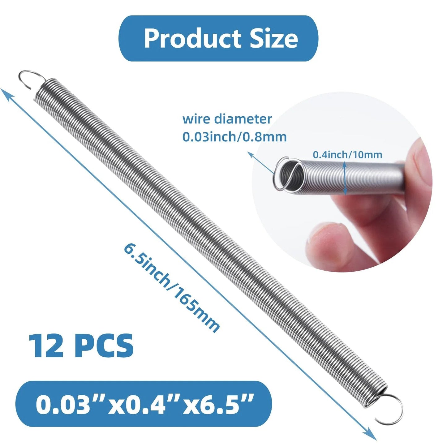 Heavy Duty 6.5 Inch Stainless Steel Extension Springs With Hook Ends Pack Of 12, 0.03 Inch Wire Diameter, 0.4 Inch Outer Diameter, 304 Stainless Steel, Rust Resistant Tension Springs For Doors, Garages, Industrial Projects.