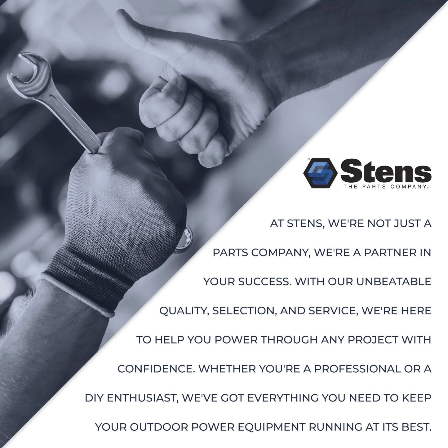 Hands holding a wrench with Stens logo and text about quality, selection, and service for outdoor power equipment.