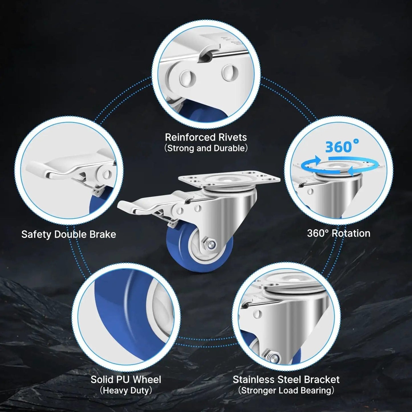 Diagram of 2 Inch Stainless Steel Castors With Brakes, Set Of 4, 304 Stainless Steel Heavy Duty Caster Wheels with features highlighted.
