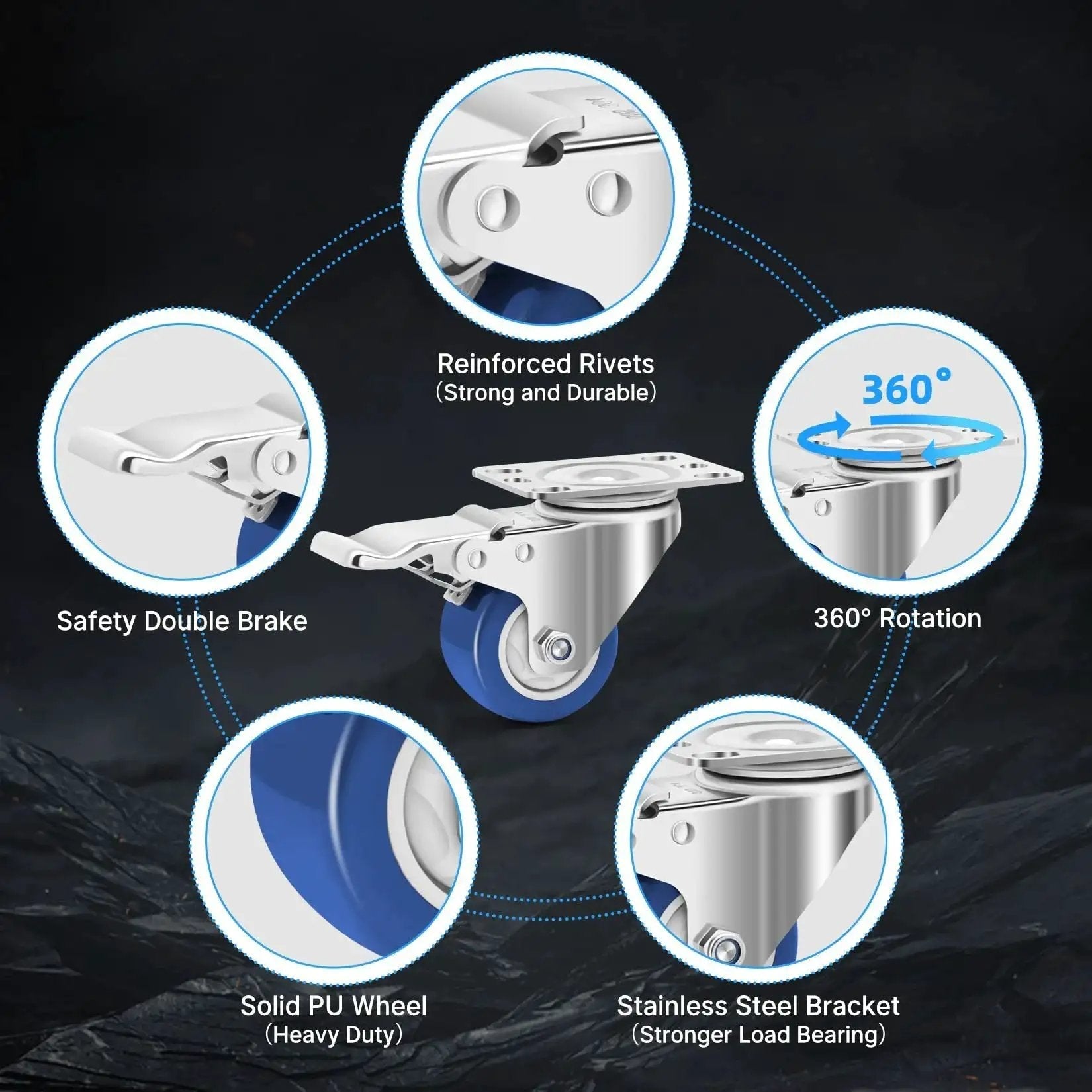 Diagram of 2 Inch Stainless Steel Castors With Brakes, Set Of 4, 304 Stainless Steel Heavy Duty Caster Wheels with features highlighted.