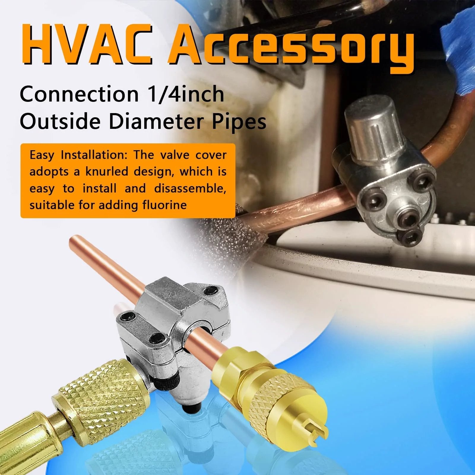 HVAC Schrader Access Service Valve Kit 30-Piece for Air Conditioner Charge With One Quarter Inch SAE to One Quarter Inch Outer Diameter and Three Point Five Four Inch Stem Copper Brass Core Needle Valves DIY Friendly showing installation on AC unit