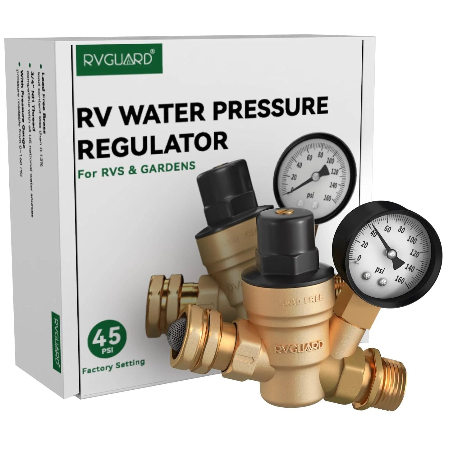 Adjustable Lead Free Brass RV Water Pressure Regulator Valve With Gauge And Inlet Screen Filter For Campers And Travel Trailers