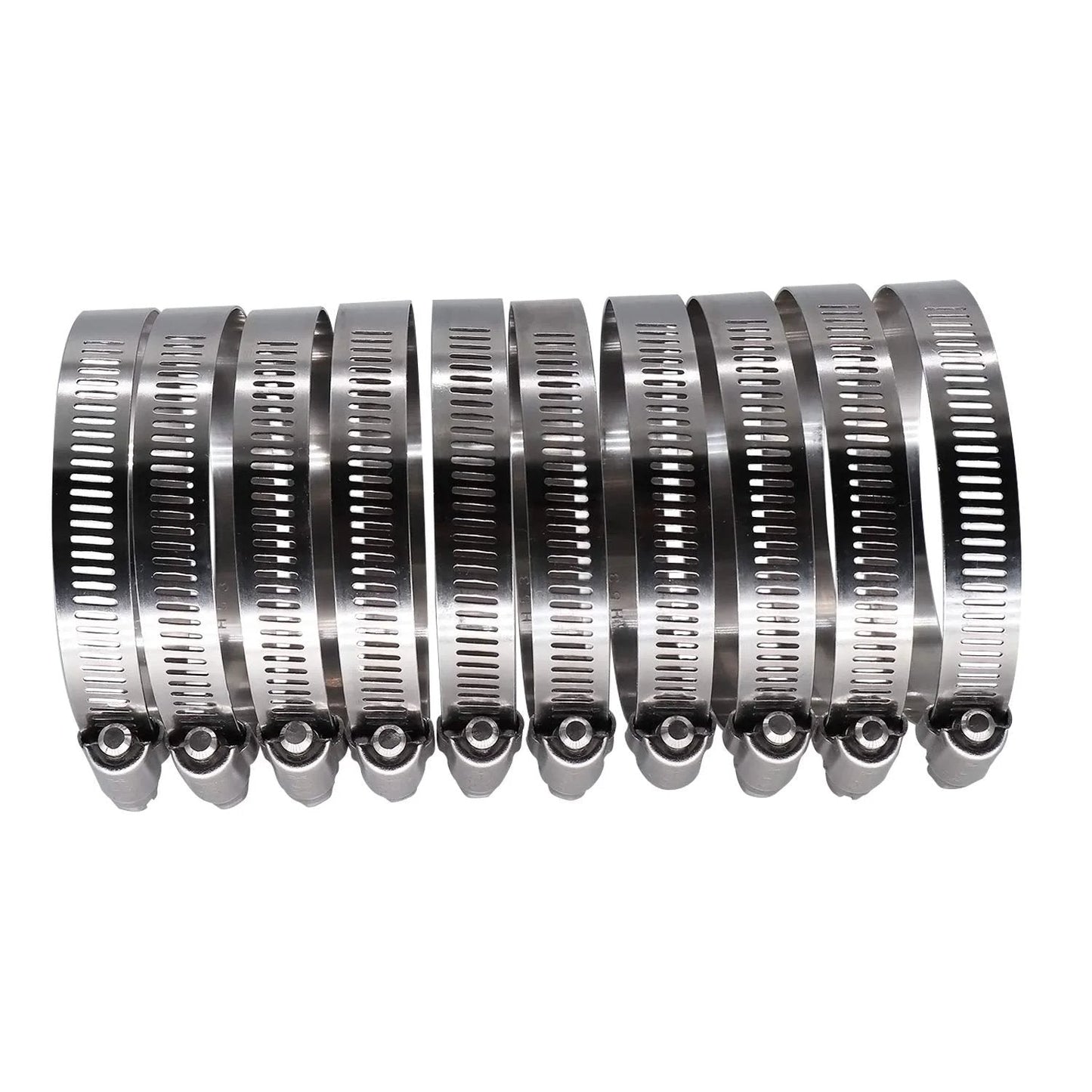 Durable 3.5 Inch Worm Gear Hose Clamp Set in Full Stainless Steel With SAE 56 Size Half Inch Band Width Working Range 78 To 102 Mm 10 Pack For Automotive And Marine Hose Fittings.