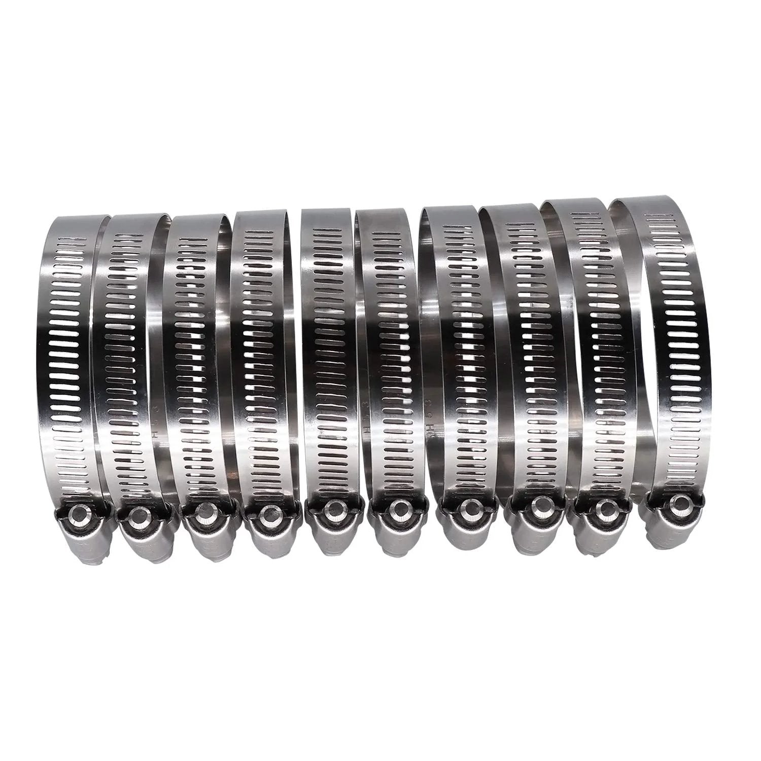 Durable 3.5 Inch Worm Gear Hose Clamp Set in Full Stainless Steel With SAE 56 Size Half Inch Band Width Working Range 78 To 102 Mm 10 Pack For Automotive And Marine Hose Fittings.