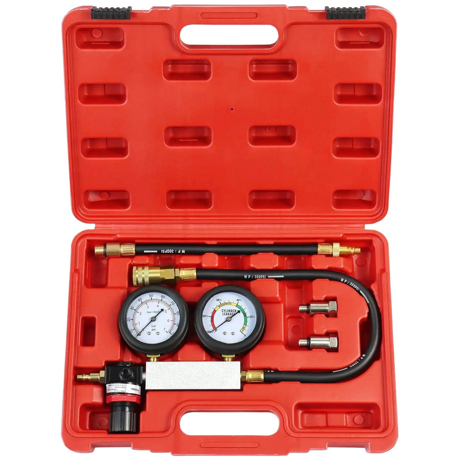 Leak Down Tester Kit With Dual Pressure Gauges For Gasoline Engines By JoyFans, Pro Grade Compression Leakdown Tool in red case.