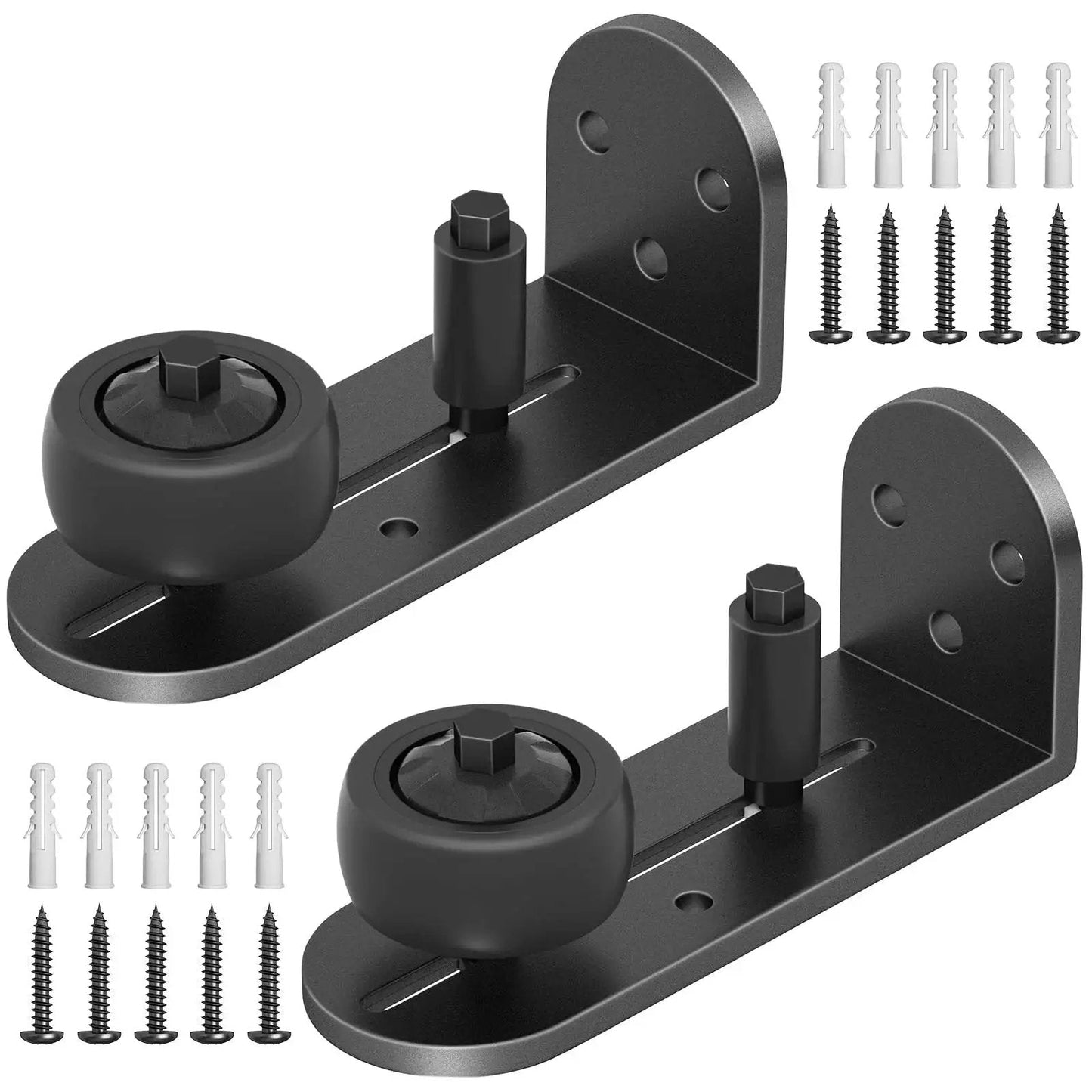 Front view of Two Pack Sliding Barn Door Floor Guide Set with Adjustable Rubber Rollers, flush flat bottom, round edge design, aluminum alloy construction.