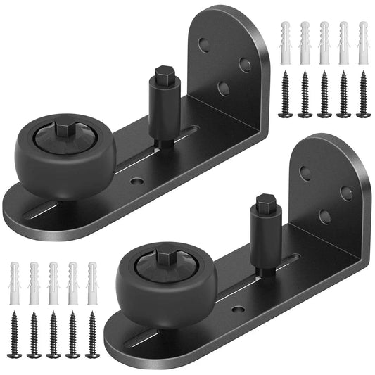 Front view of Two Pack Sliding Barn Door Floor Guide Set with Adjustable Rubber Rollers, flush flat bottom, round edge design, aluminum alloy construction.
