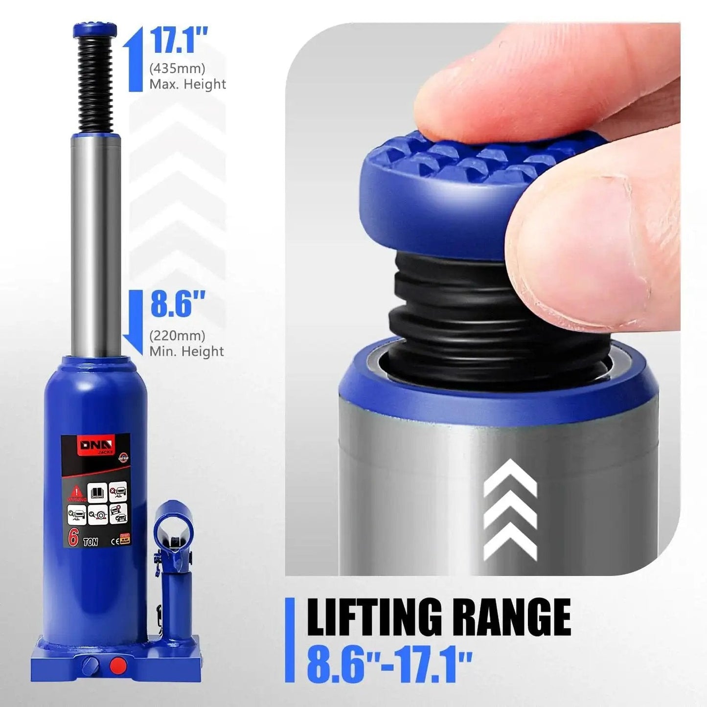 Close-up view of 6 Ton Hydraulic Bottle Jack For Automotive Lifting With Welded Steel Blue showing lifting range indicators.