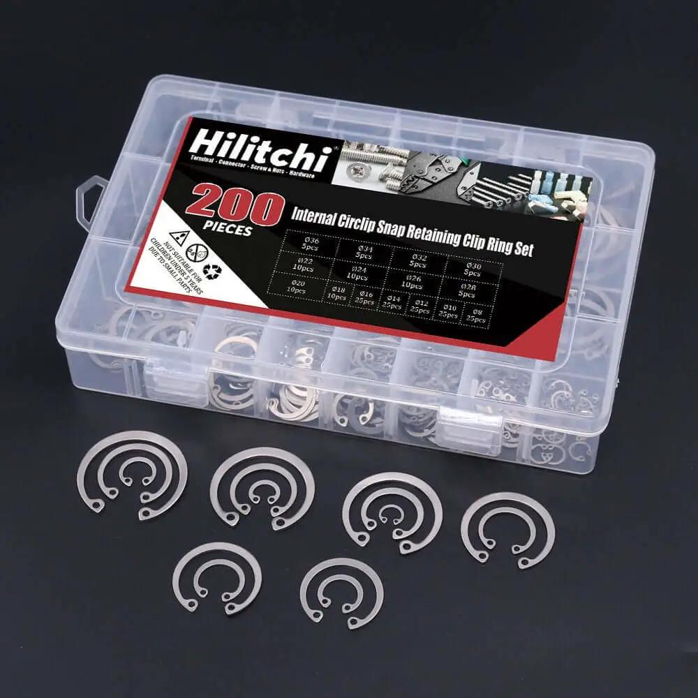 Internal Circlip Snap Ring Kit 200-Piece 15-Size Assortment in 304 Stainless Steel with visible rings and container