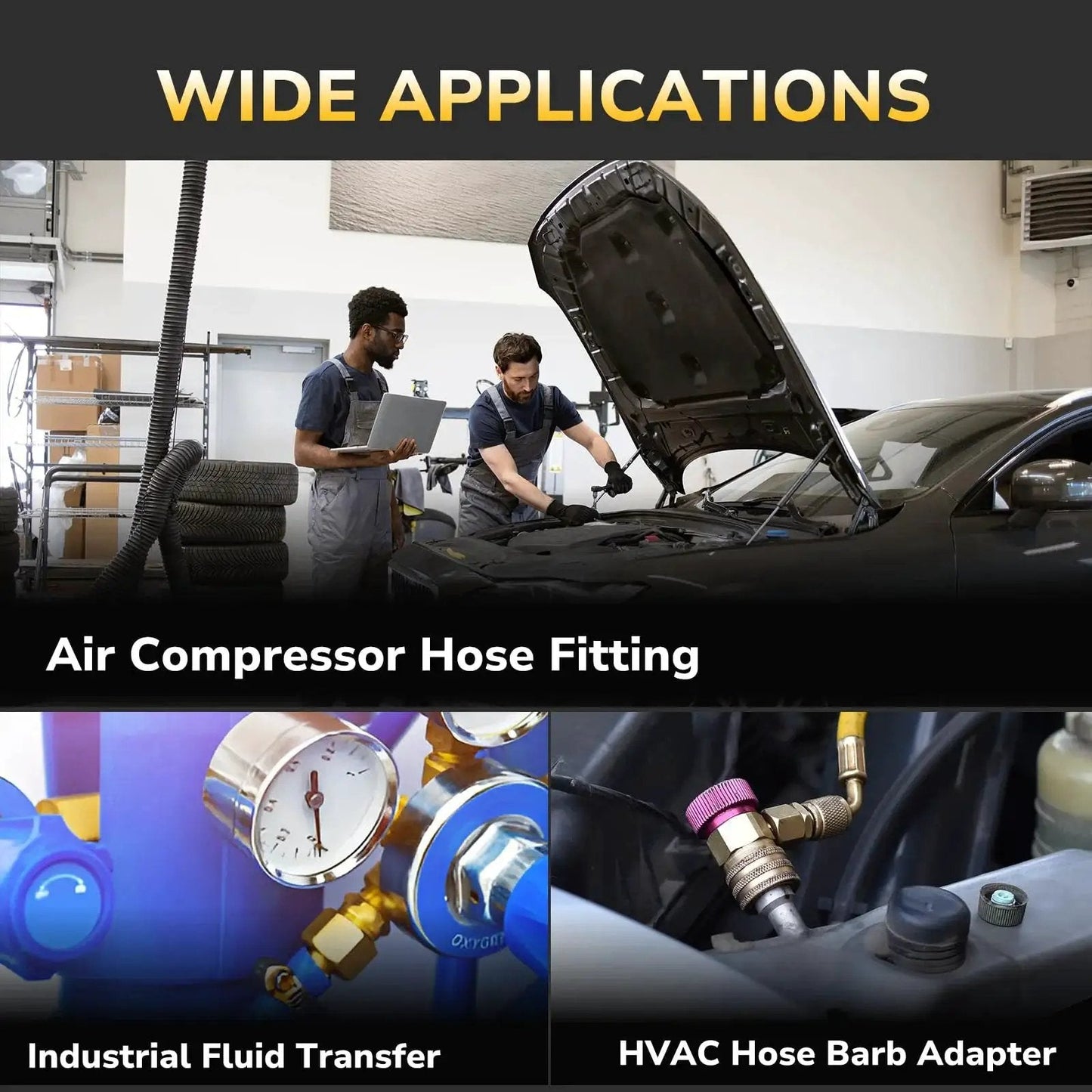 Mechanics using Beefy Three Eighths Inch Barb Shut Off Ball Valve For Air Water And Fuel Lines in automotive workshop, gauges and adapters shown