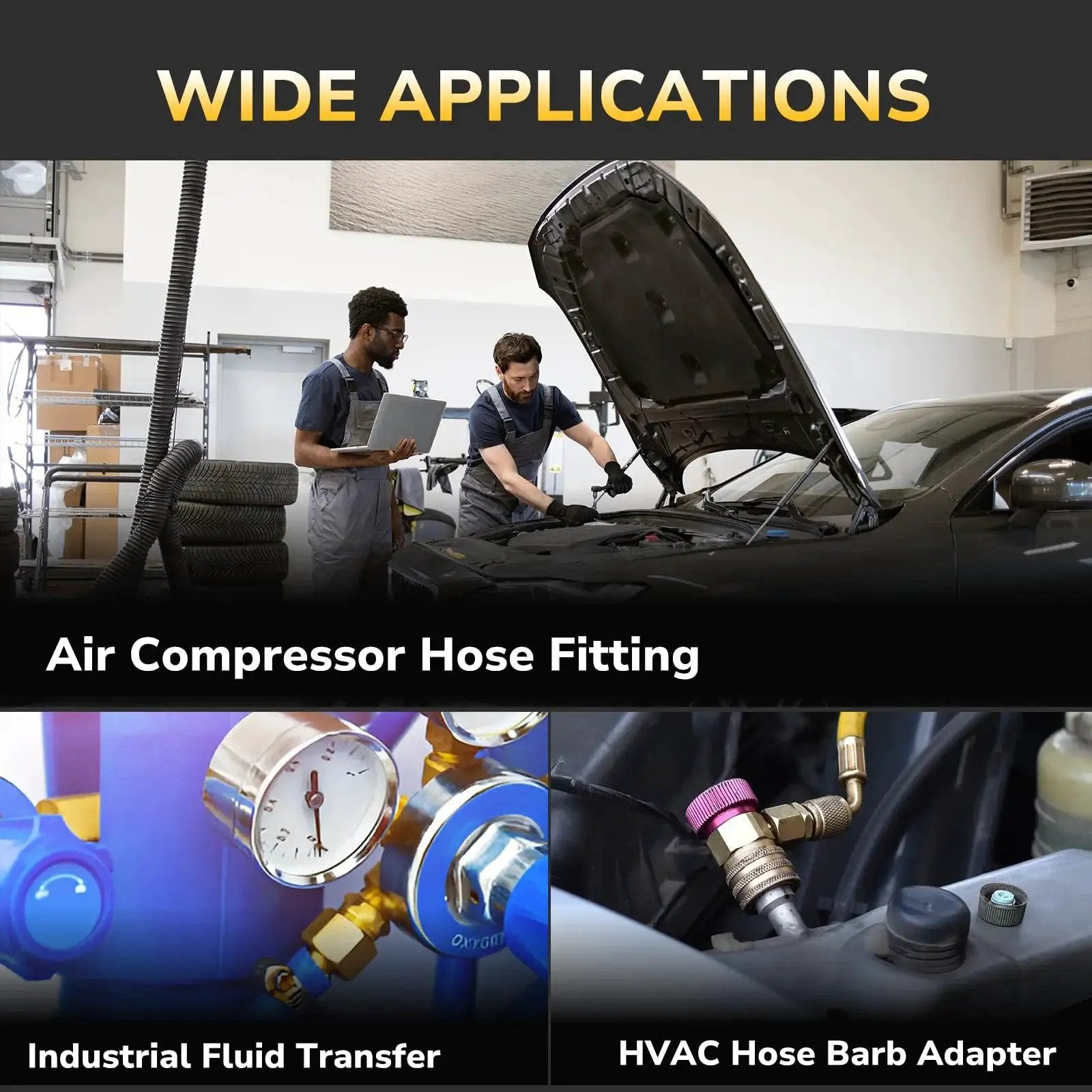 Mechanics using Beefy Three Eighths Inch Barb Shut Off Ball Valve For Air Water And Fuel Lines in automotive workshop, gauges and adapters shown