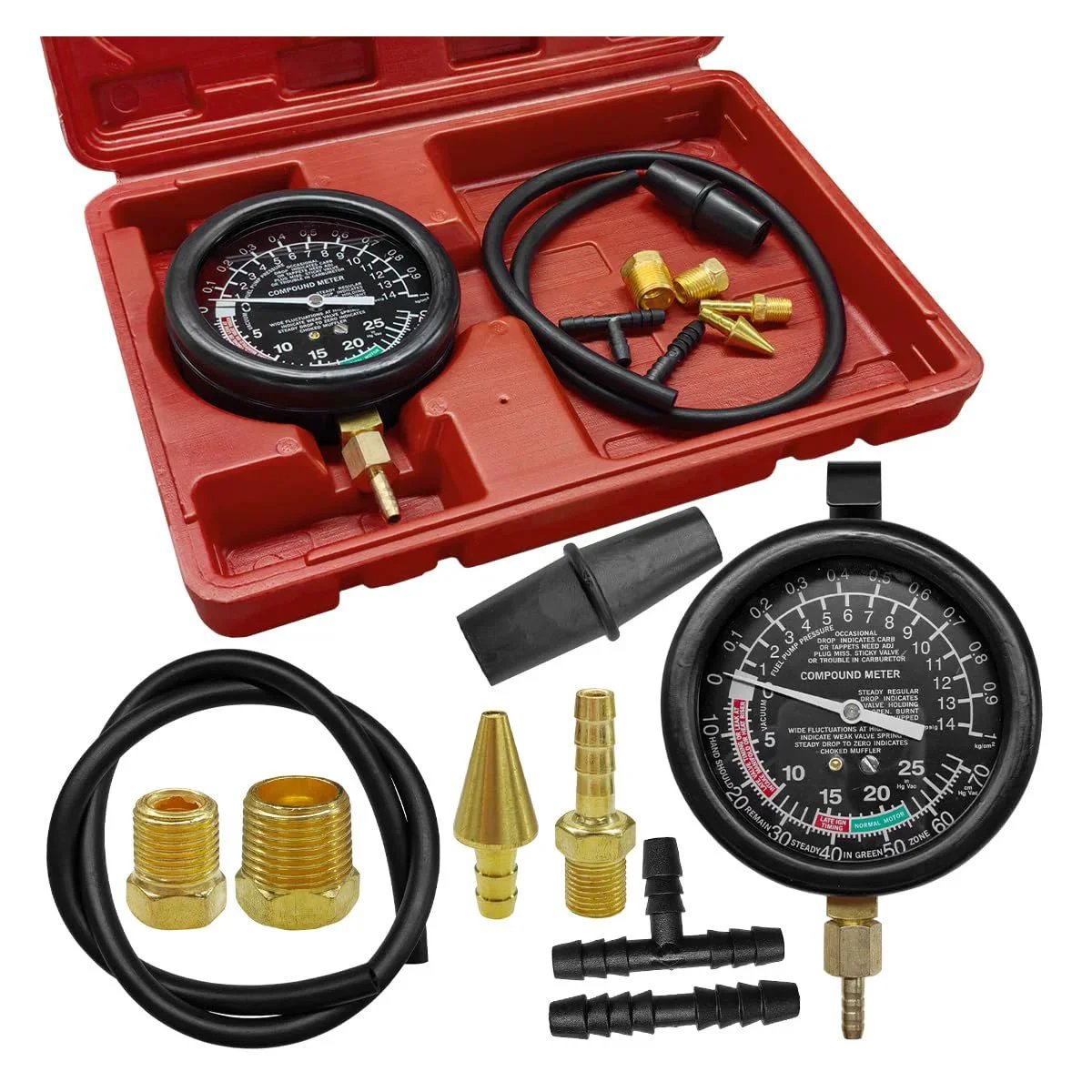 Universal Vacuum And Fuel Pump Tester Gauge Kit By UHANBUT For Cars And Trucks with gauges, hoses, adapters in storage box