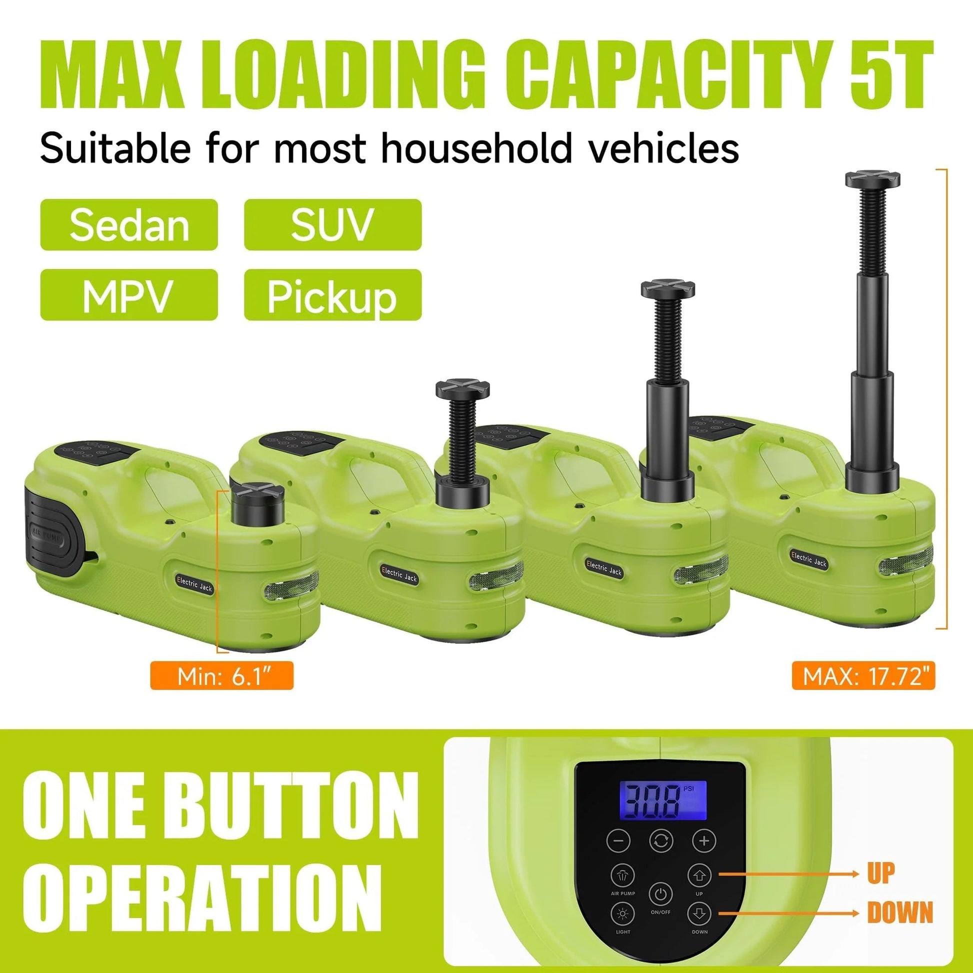 Electric Car Jack Kit 5T 12V Hydraulic Tire Jack with LCD display and dual cylinder, max height 17.72 inches