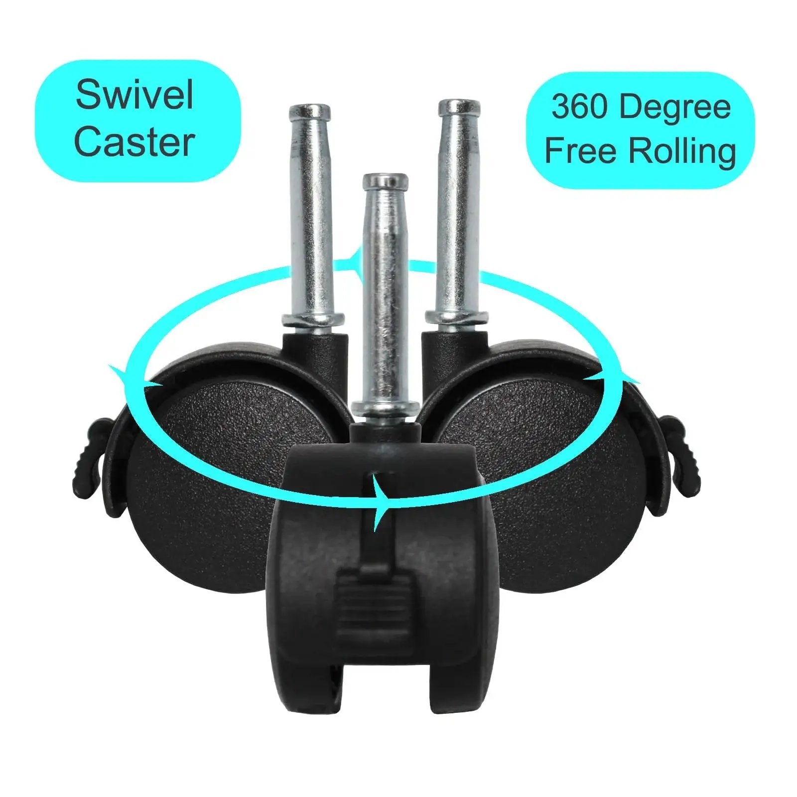 Front view of 4 Pack M8 Grip Neck Stem Caster Wheels 1.5 Inch Swivel Castors With Locking Brakes showing swivel and rotation