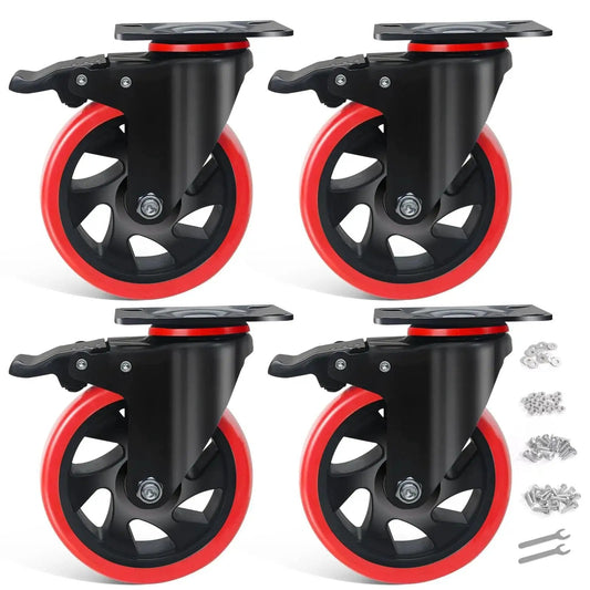 Heavy Duty Beefed Up 5 Inch Caster Wheels With Brake Set Of 4 Dual Locking Industrial Casters, polyurethane, with tools